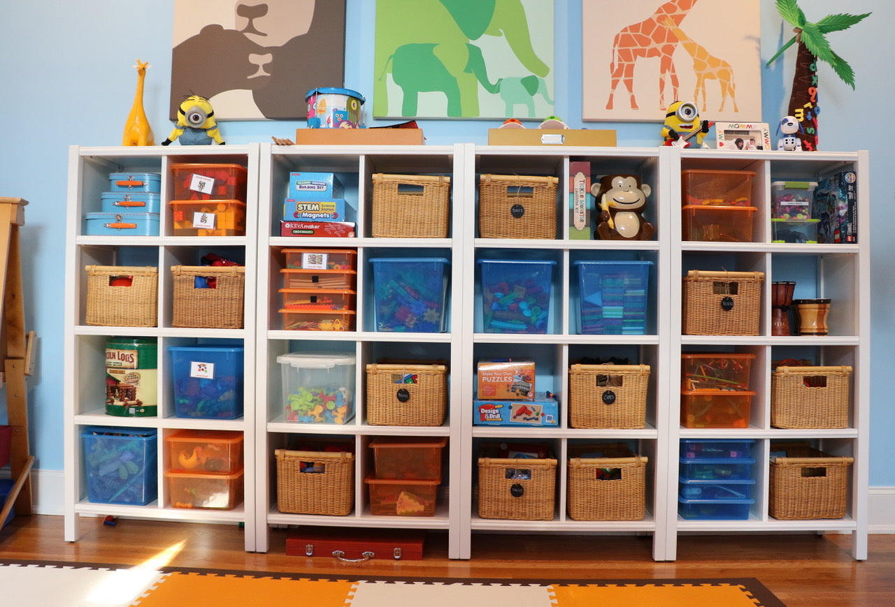 Kids’ playroom featuring organized wicker bins for easy-access toy storage.