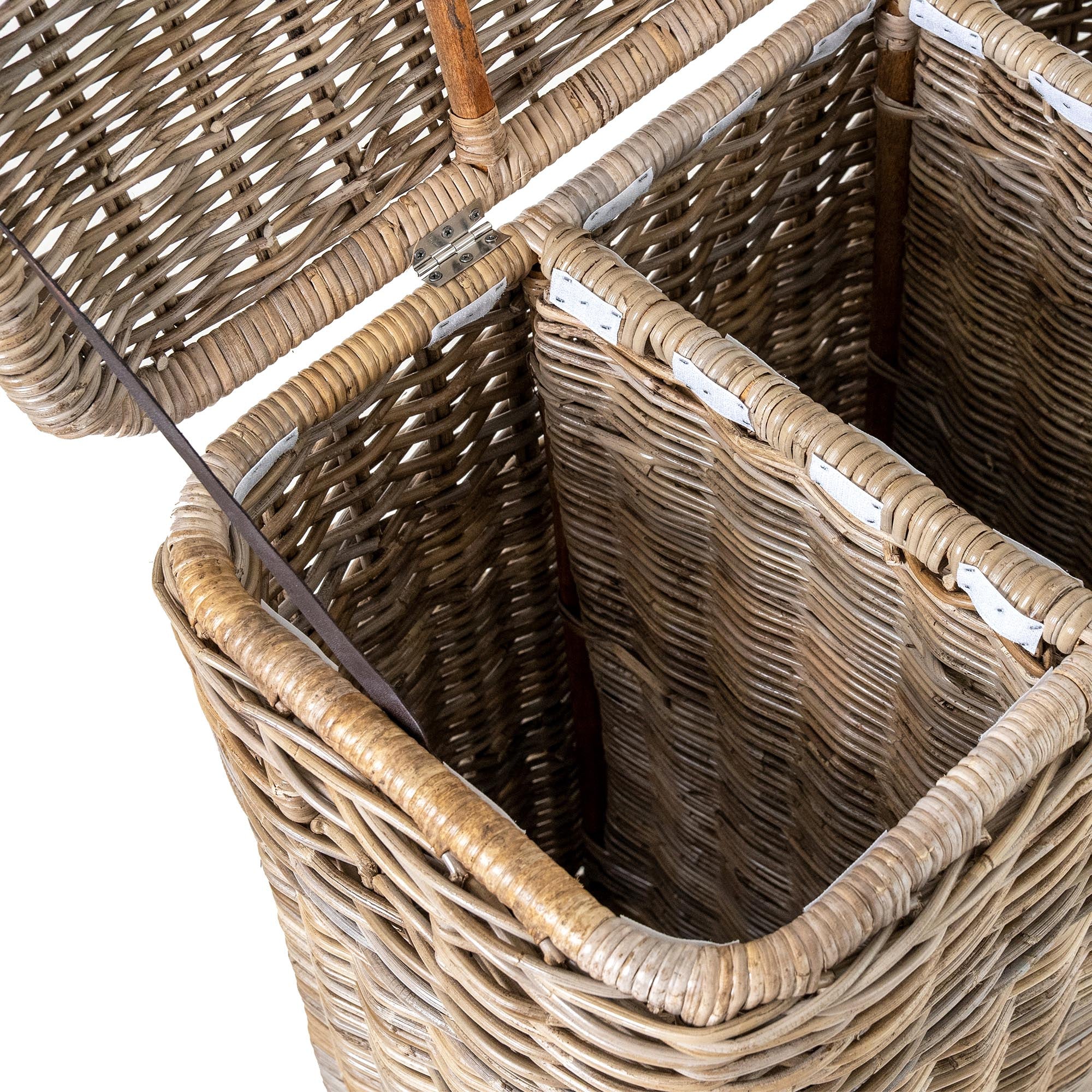 3-Compartment Kubu Wicker Laundry Hamper in Serene Grey, fully divided and fabric liners attached with velcro | The Basket Lady