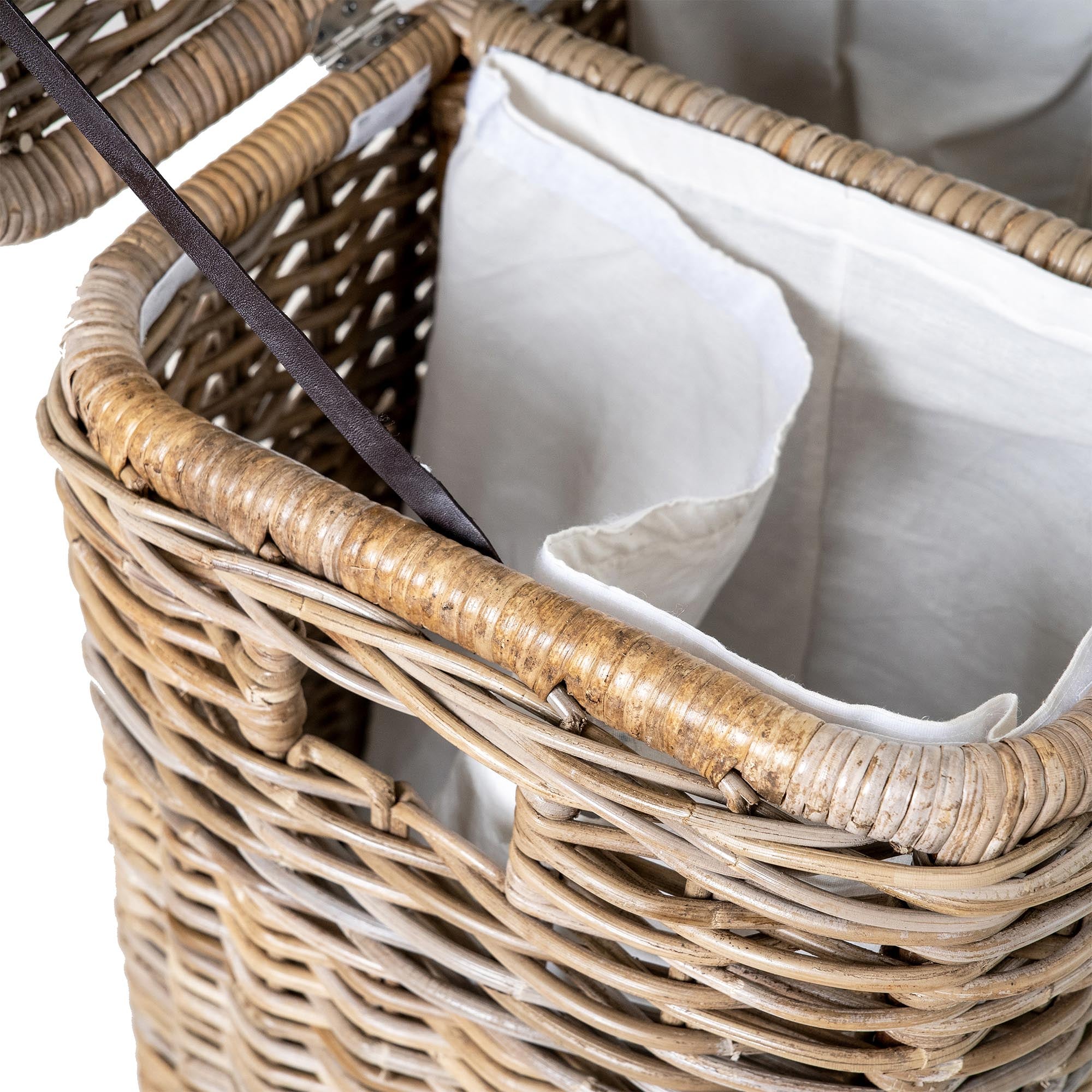 3-Compartment Kubu Wicker Laundry Hamper in Serene Grey includes 3 removable fabric liners | The Basket Lady