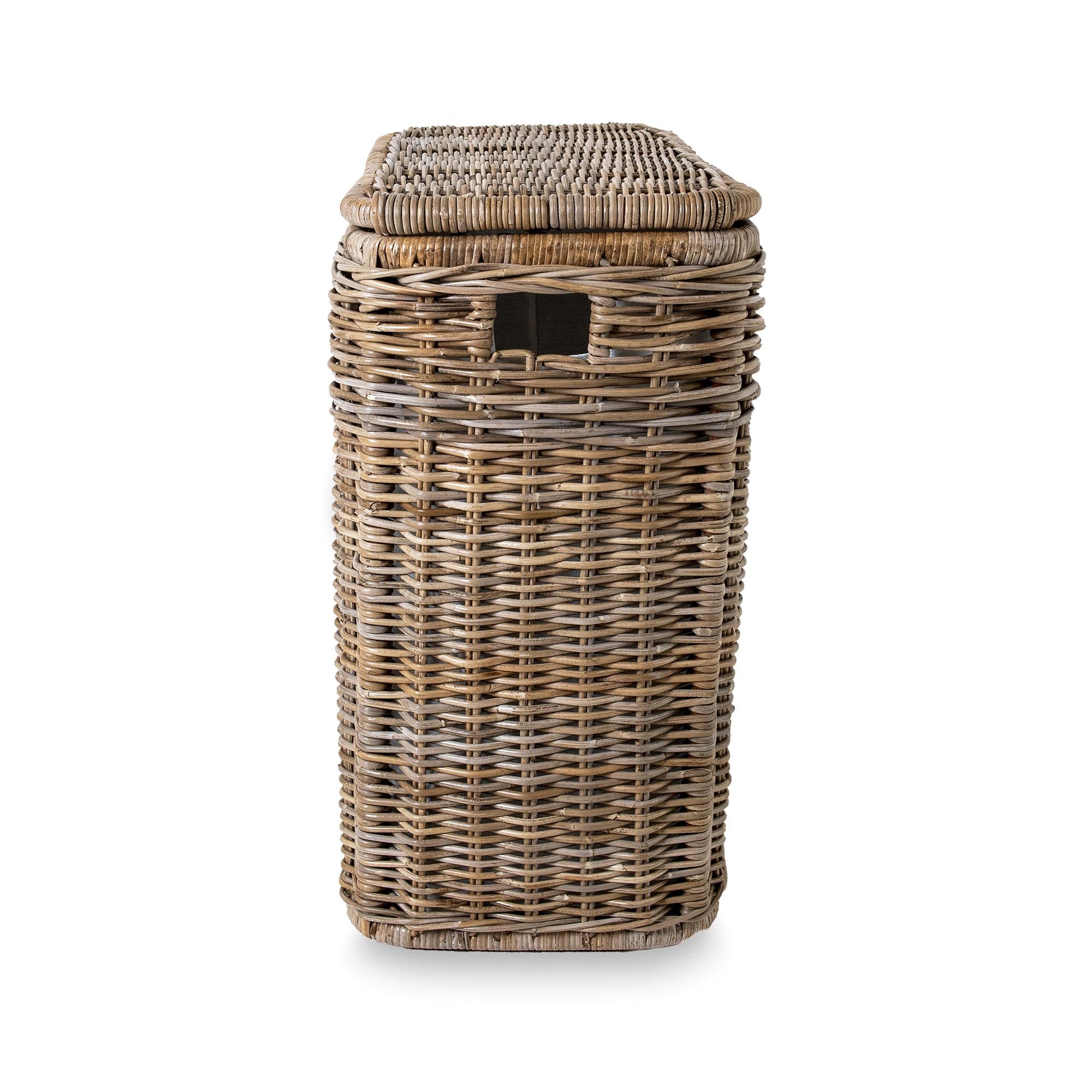 3-Compartment Kubu Wicker Laundry Hamper in Serene Grey, side view | The Basket Lady