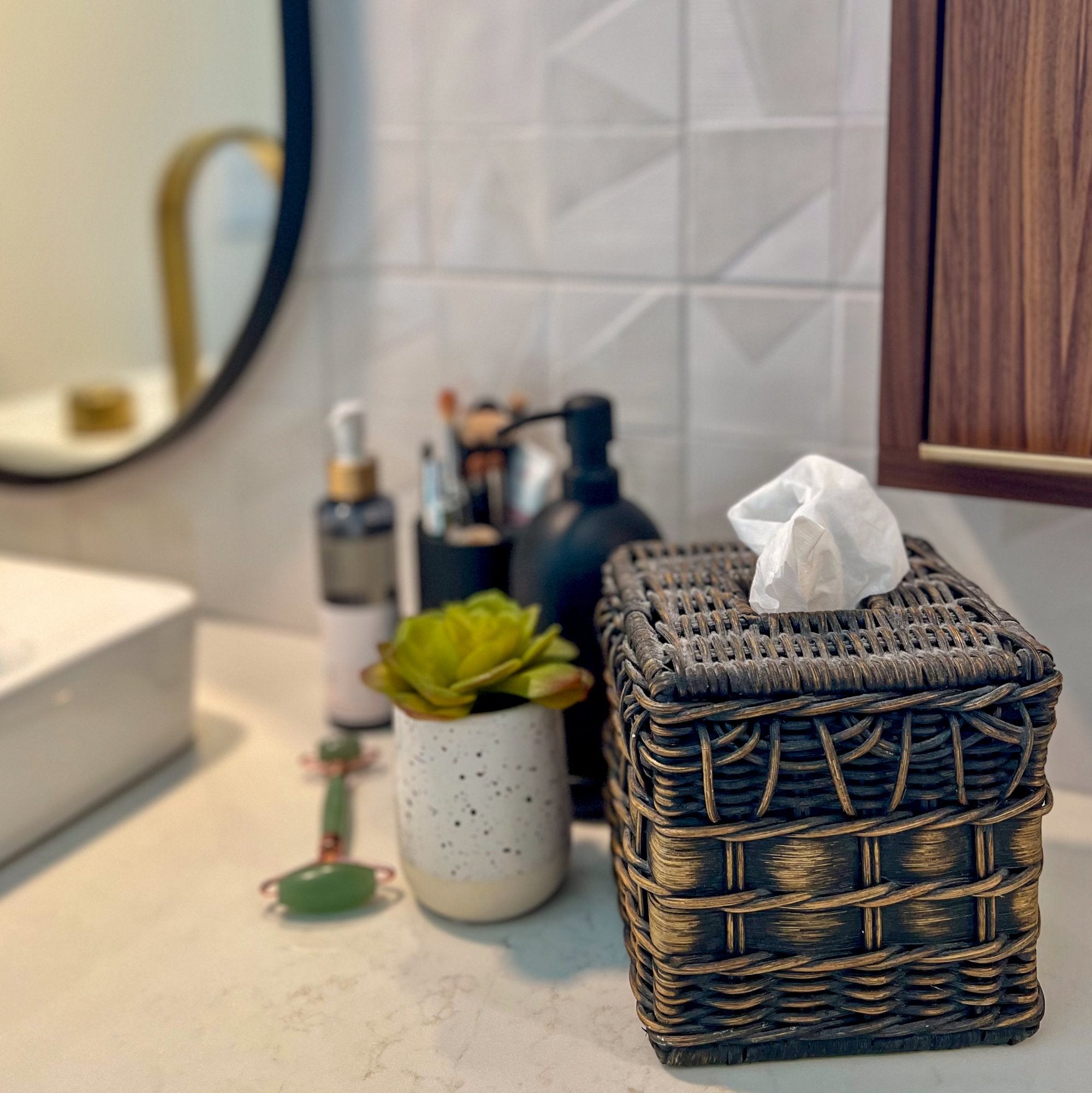 Boutique Wicker Tissue Box Cover in Antique Walnut Brown on bathroom vanity | The Basket Lady