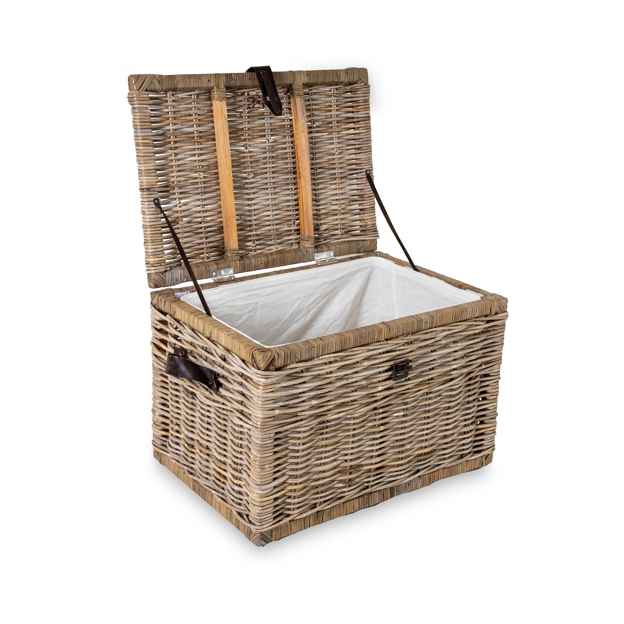 Deep Kubu Wicker Storage Trunk in Serene Grey, size L with hinged lid and removable fabric liner | The Basket Lady