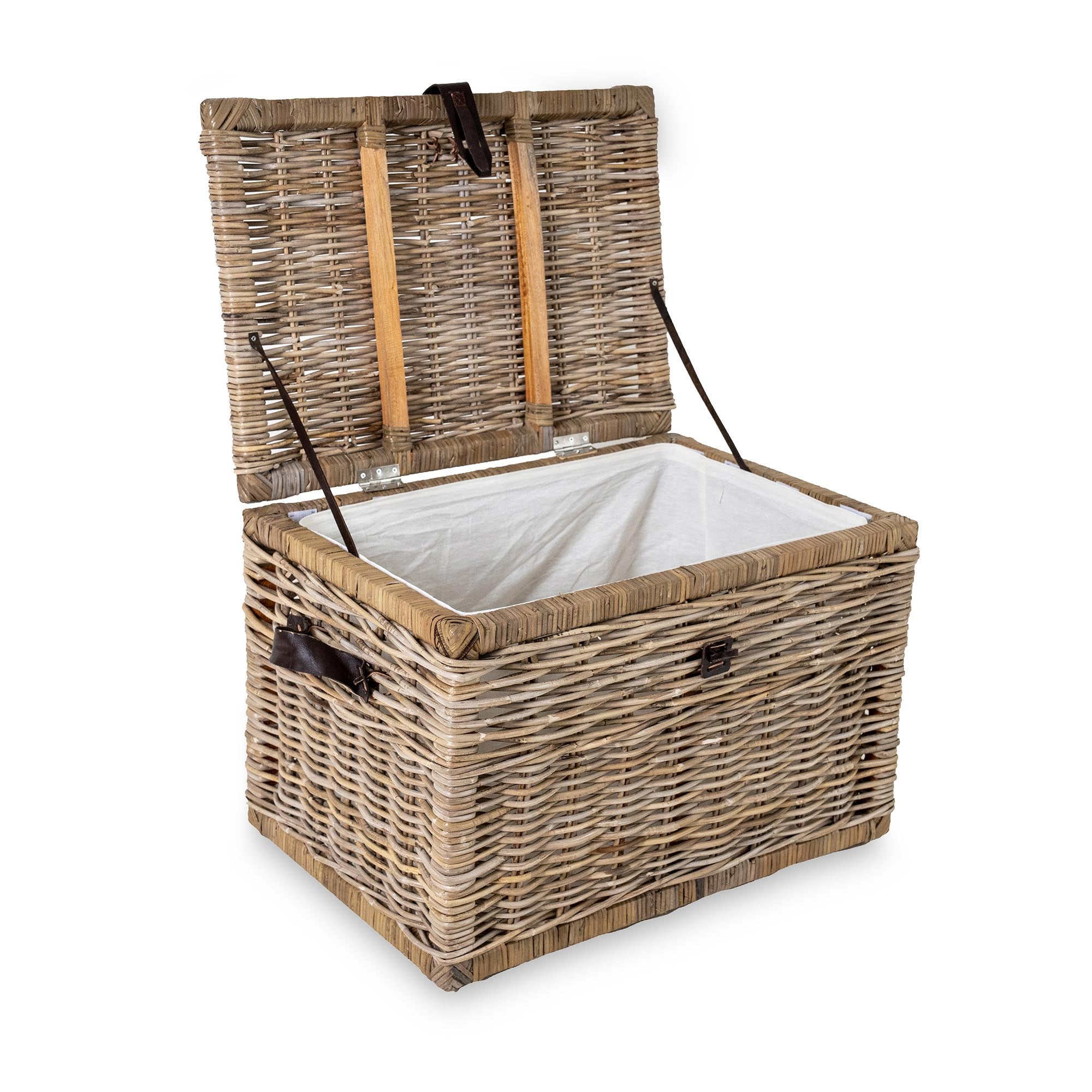 Deep Kubu Wicker Storage Trunk in Serene Grey, size XL with hinged lid and removable fabric liner | The Basket Lady