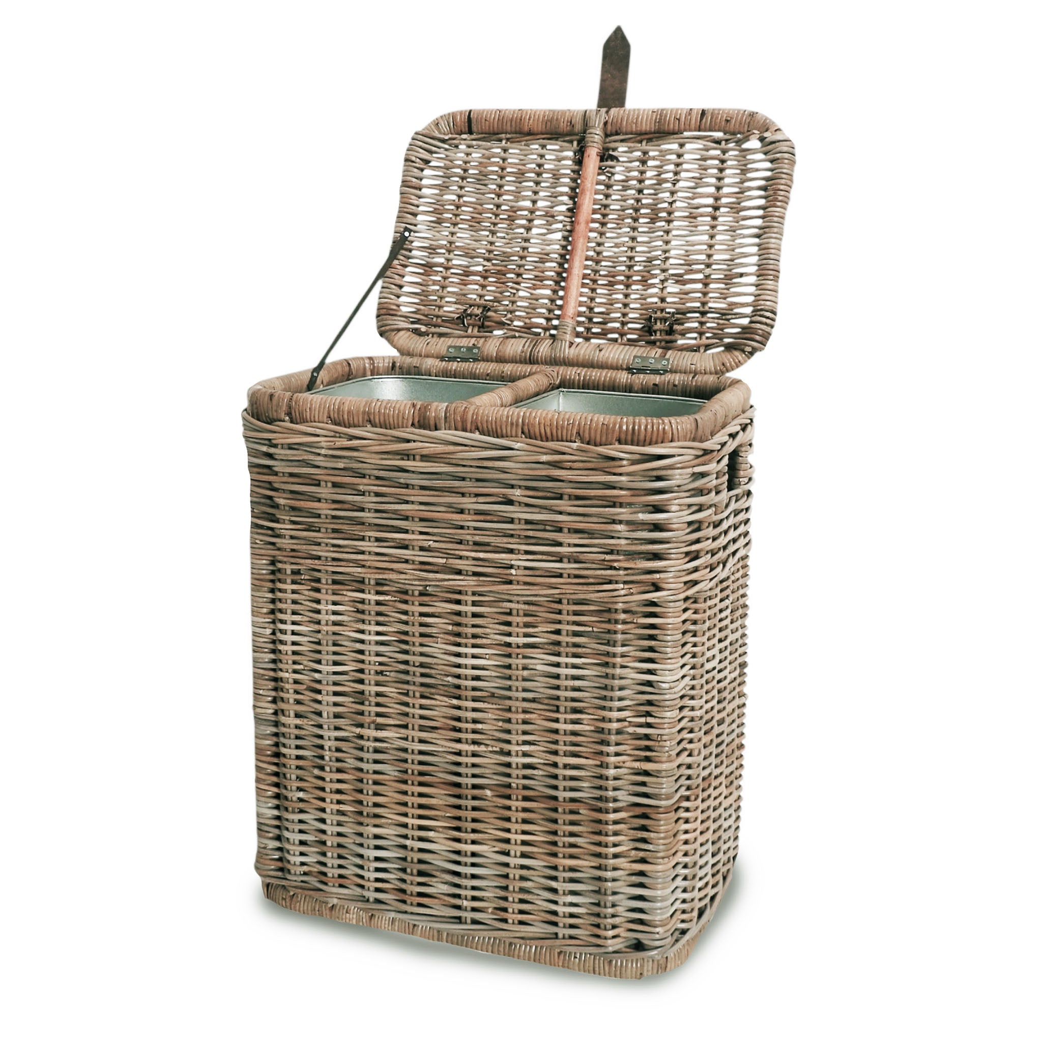 Divided Kubu WIcker Recycling Basket with open lid, iso view