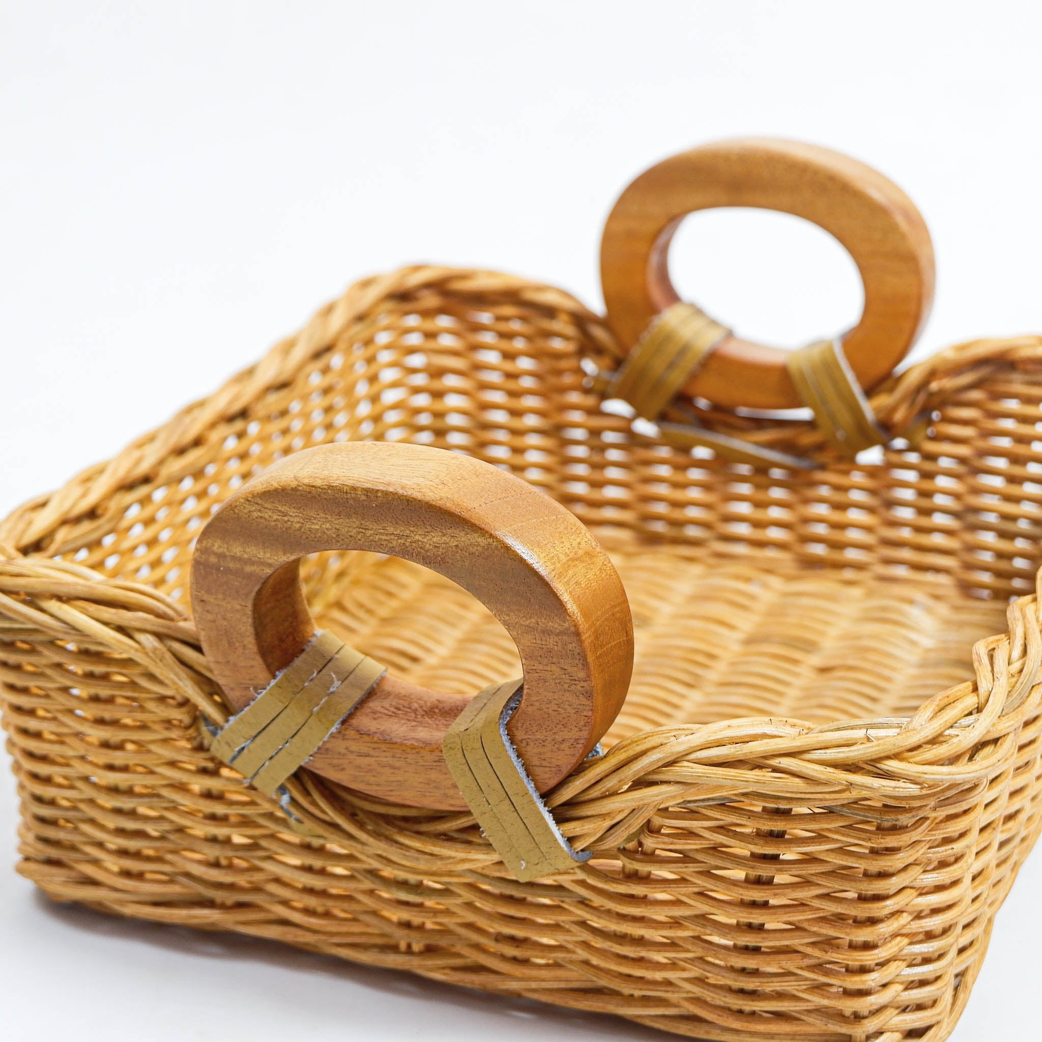 Wicker Napkin Basket in Sandstone, with wood handles attached with decorative leather