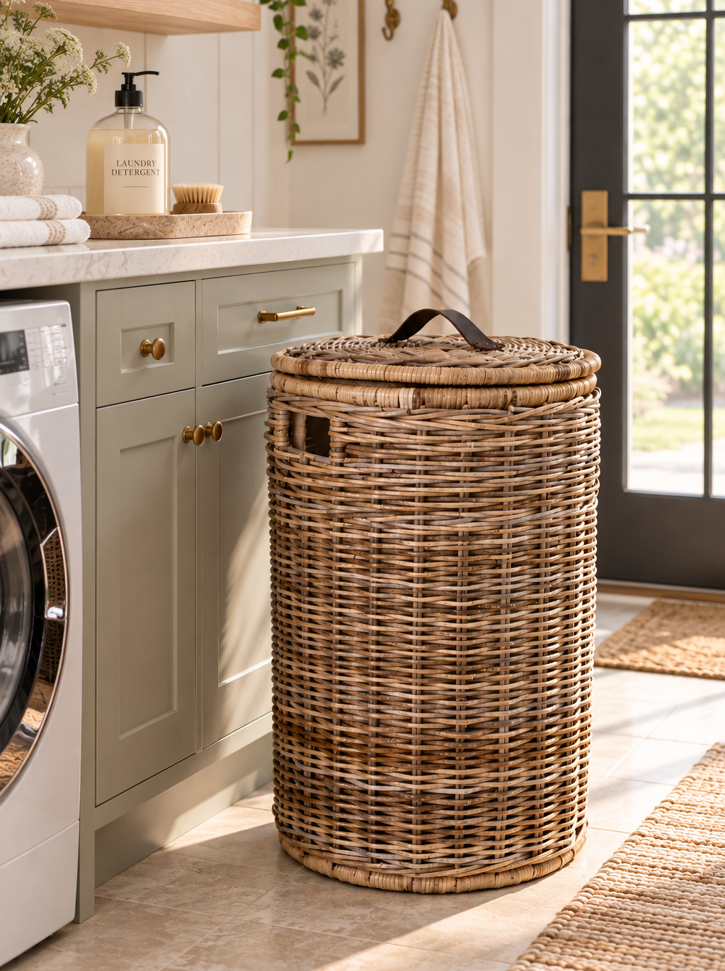 Round Kubu Wicker Laundry Hamper size L in a laundry room | The Basket Lady