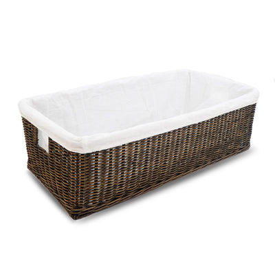 Long Low Wicker Basket in Antique Walnut Brown, XL shown with fabric liner | The Basket Lady