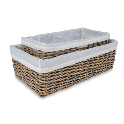 Low Narrow Kubu Wicker Storage Basket two sizes shown with liners | The Basket Lady
