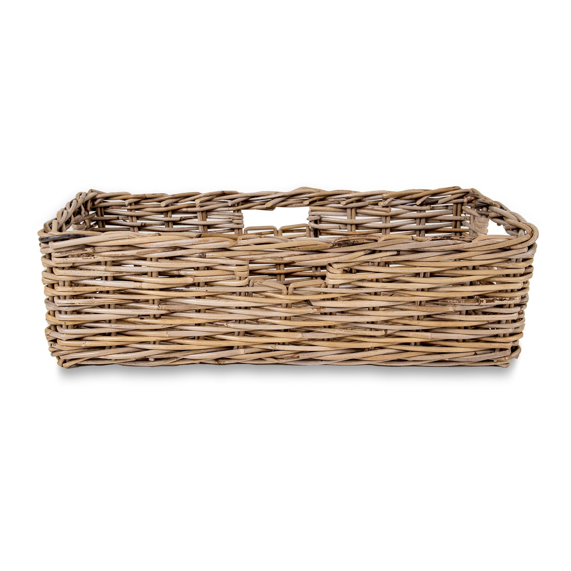 Low Narrow Kubu Wicker Storage Basket L size shown without liner, side view | The Basket Lady