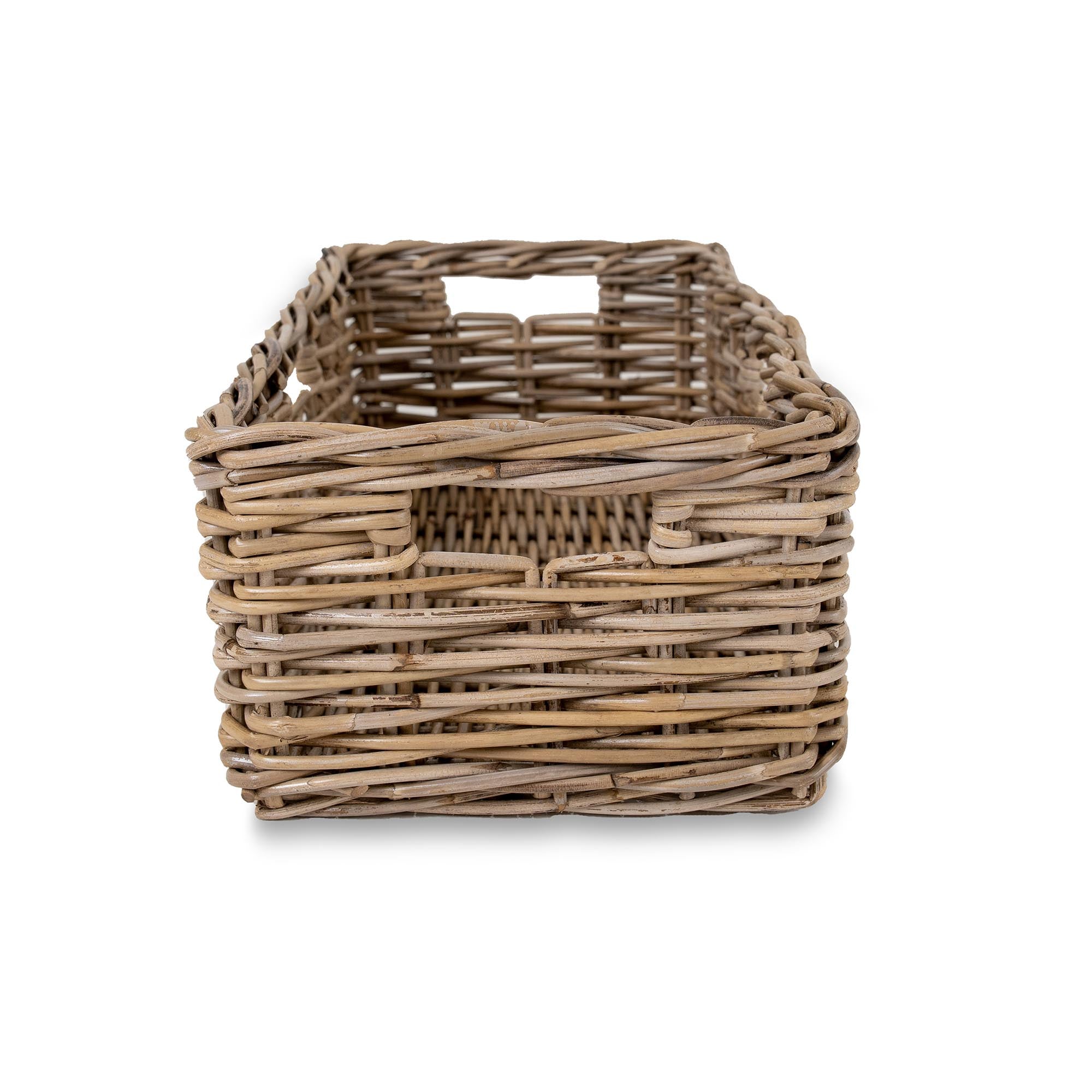 Low Narrow Kubu Wicker Storage Basket L size shown without liner, front view | The Basket Lady