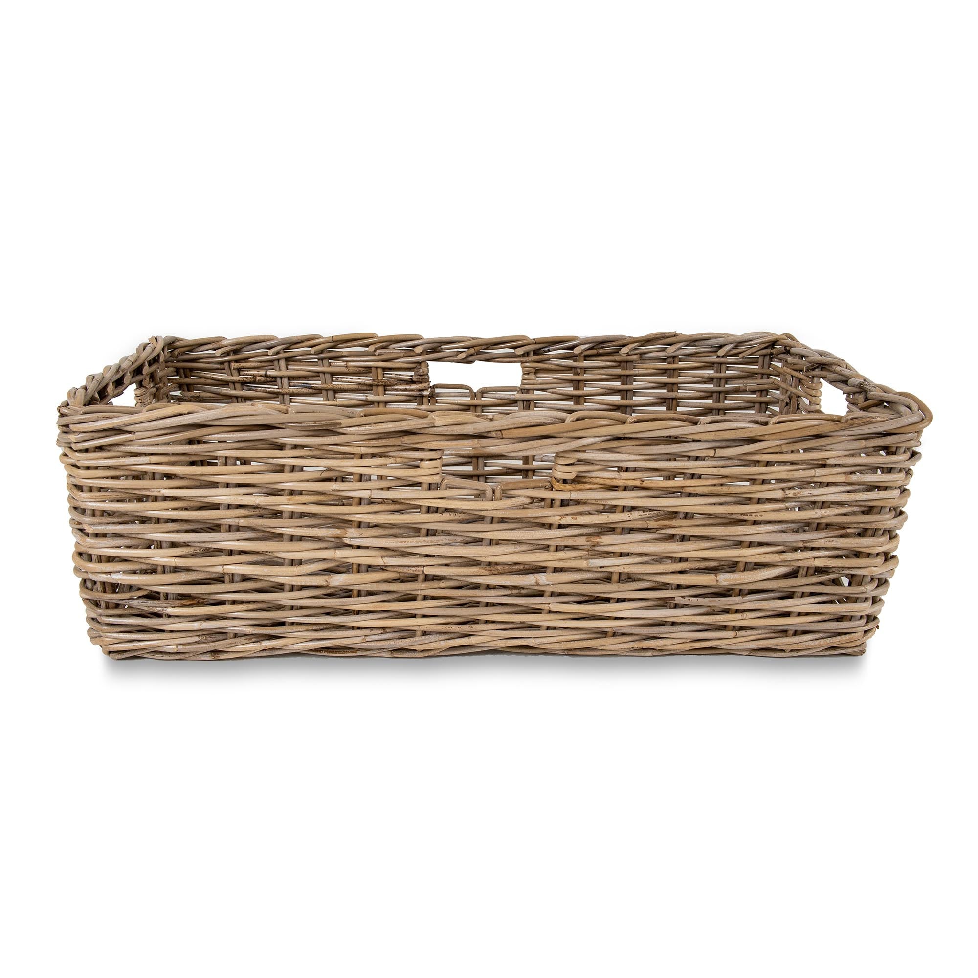 Low Narrow Kubu Wicker Storage Basket XL size shown without liner, side view | The Basket Lady
