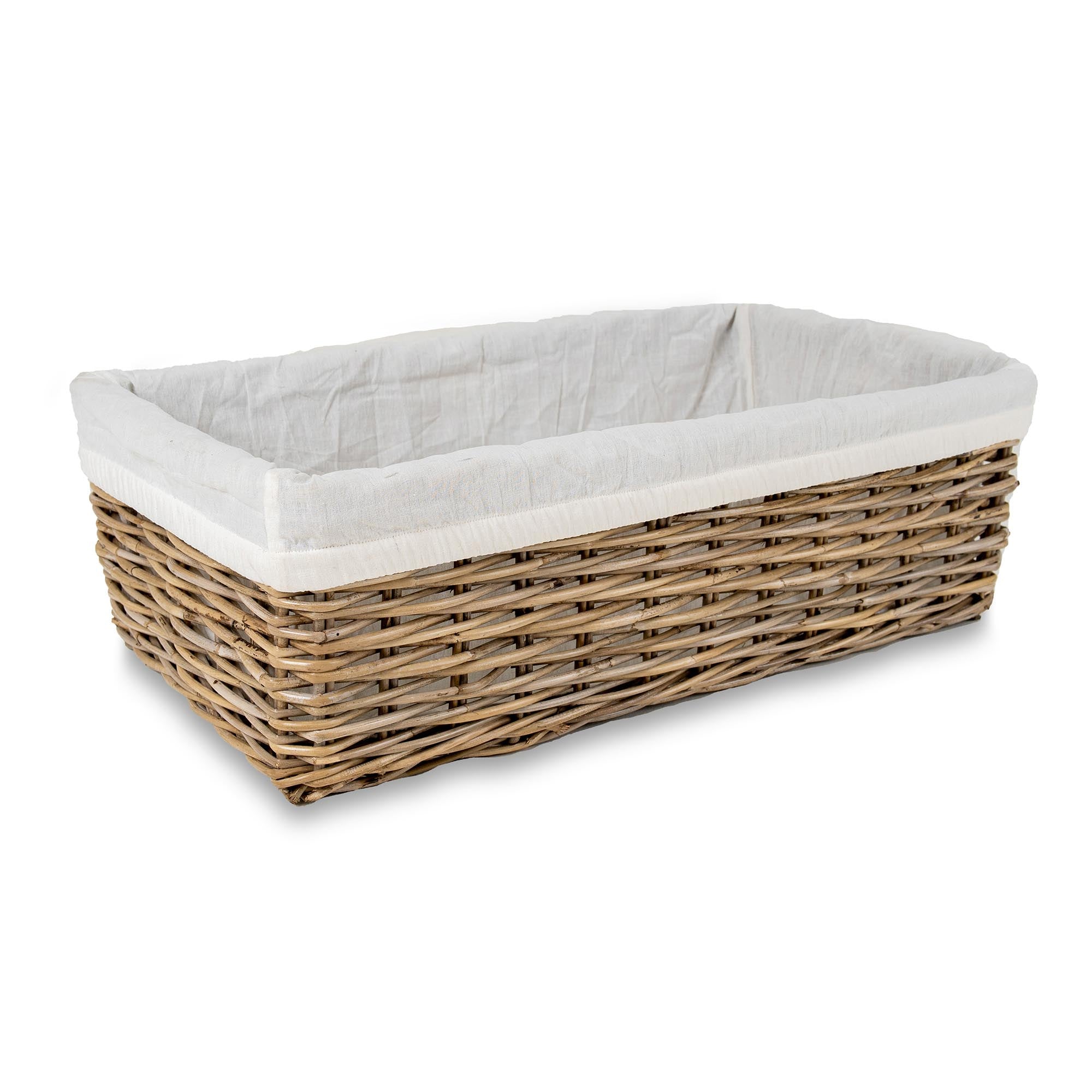 Low Narrow Kubu Wicker Storage Basket XL size shown with liner | The Basket Lady