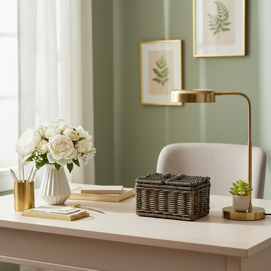 Mini lidded wicker box in Antique Walnut Brown on desk in home office