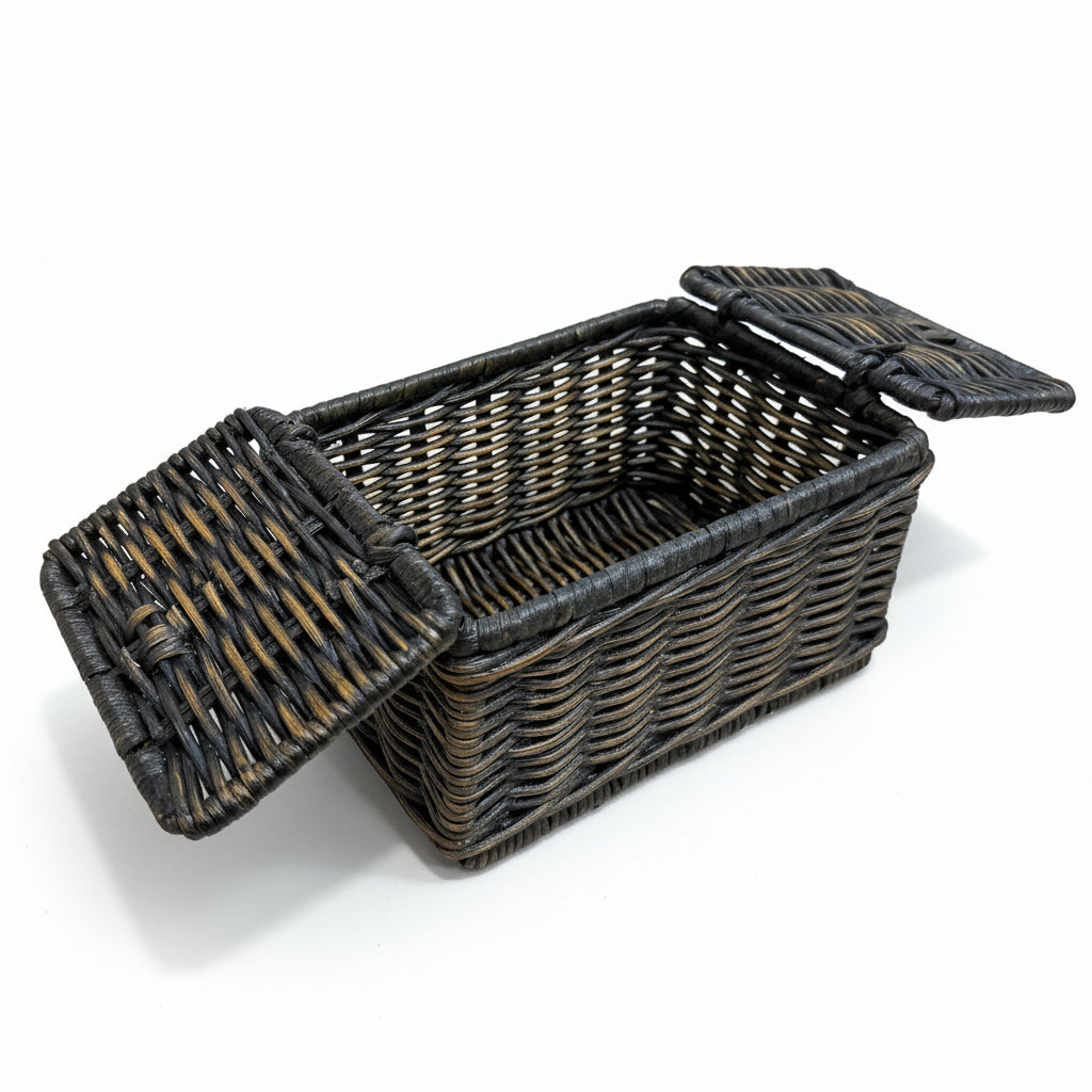 Mini Lidded Wicker Box in Antique Walnut Brown with both sides of lid open