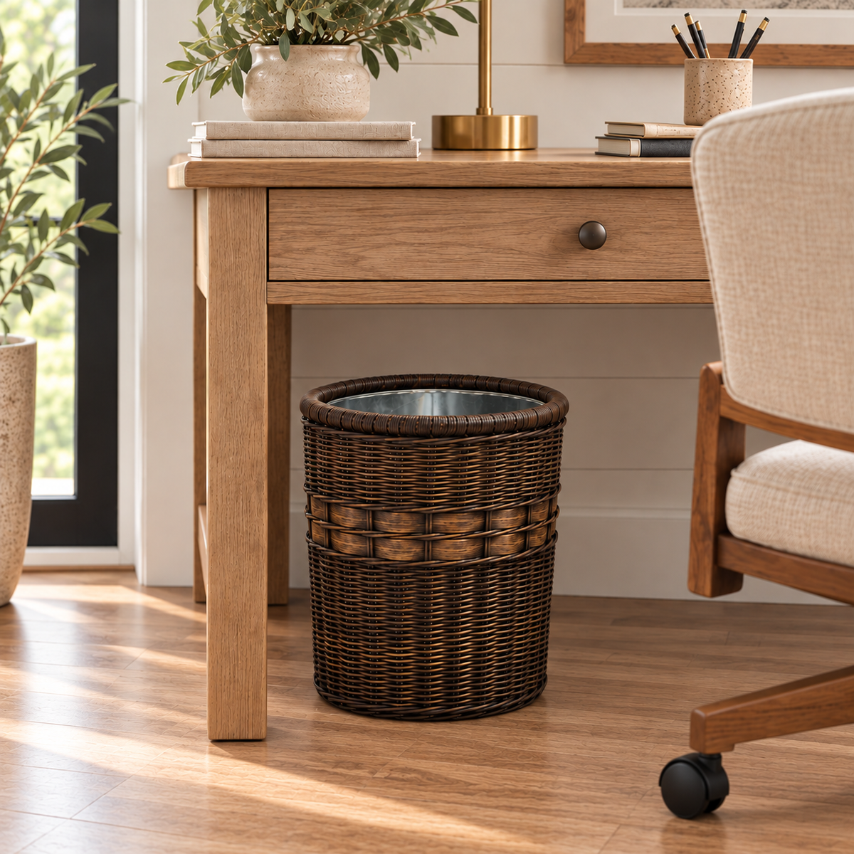Oval Wicker Waste Basket in Antique Walnut Brown shown under a desk in a home office