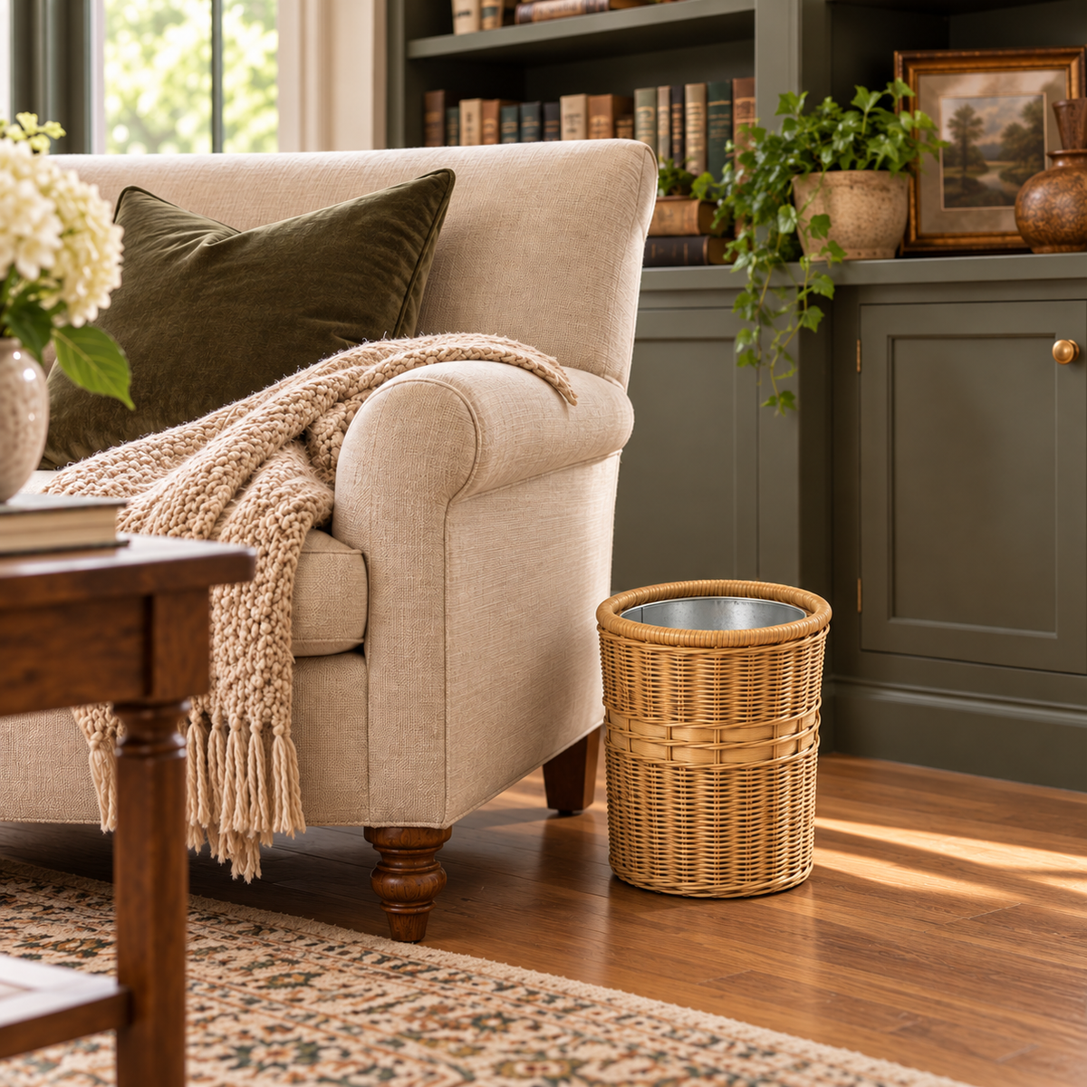 Oval Wicker Waste Basket in Sandstone placed on a hardwood floor next to a beige armchair in a styled living room.