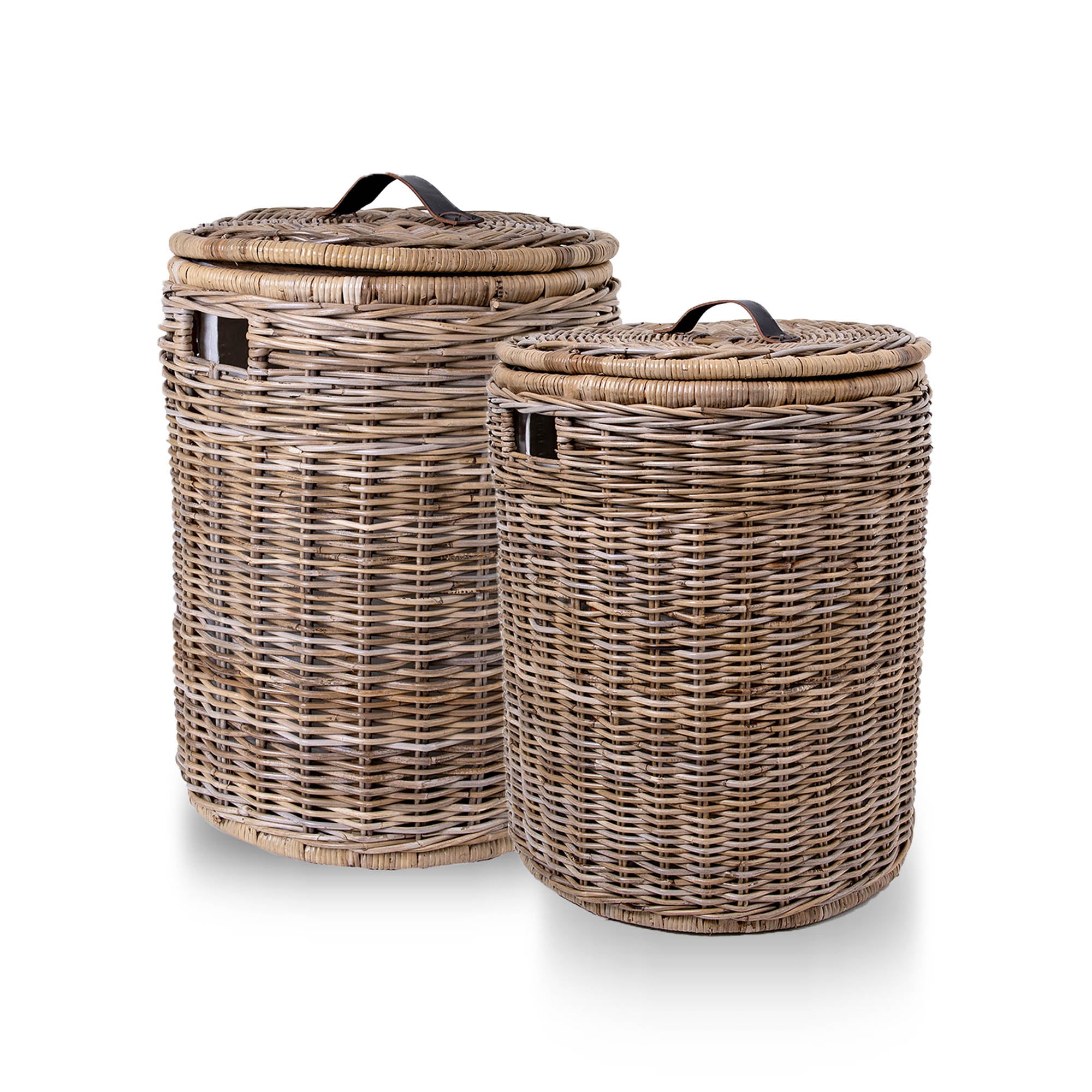 Round Kubu Wicker Laundry Hamper, Serene Grey, nested set of 2 sizes | The Basket Lady