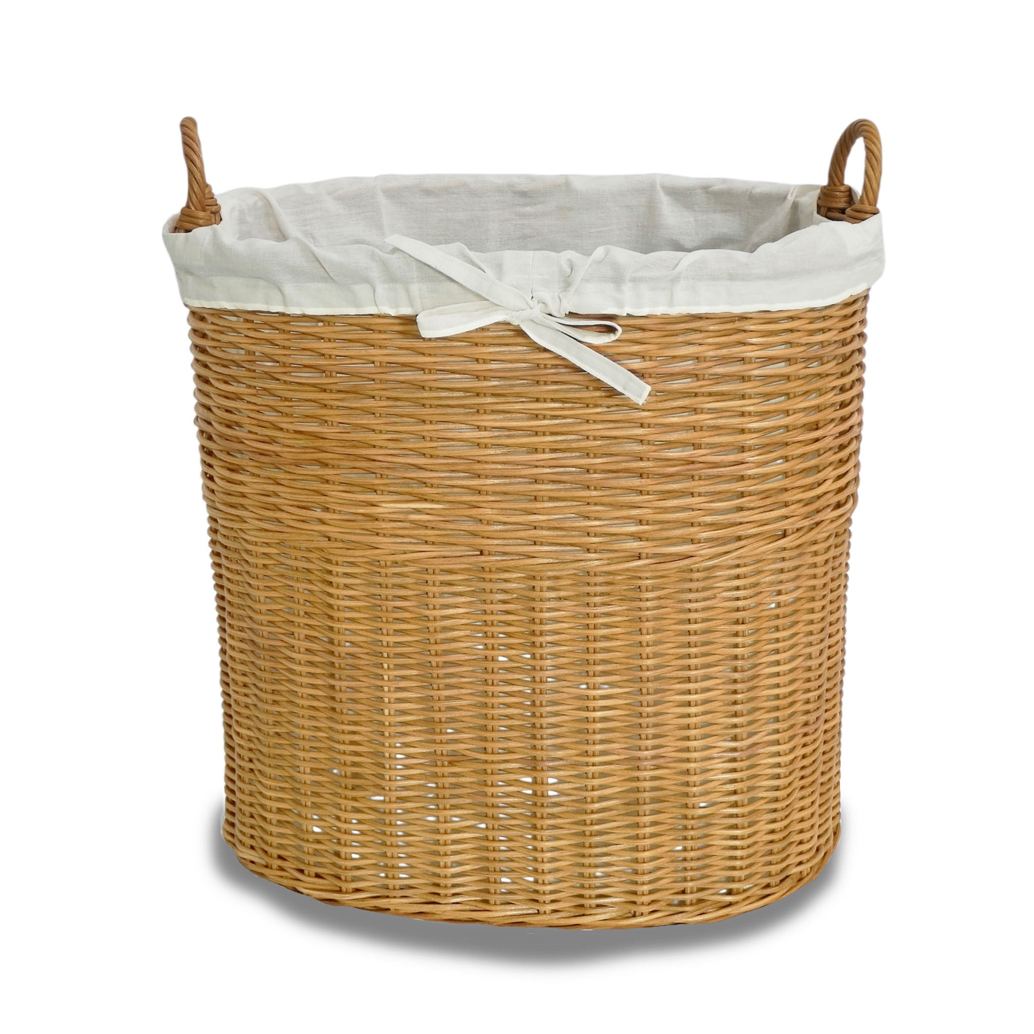Tall Oval Tote Basket with fabric liner in Sandstone viewed from front