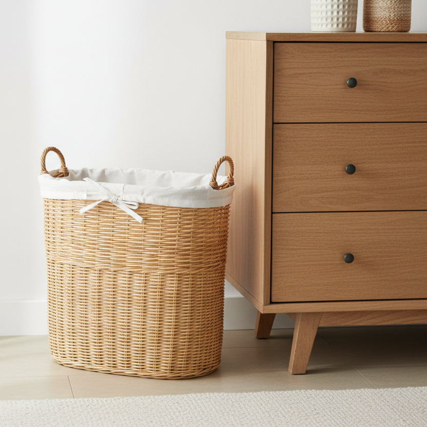 Tall Oval Tote Basket with fabric liner in Sandstone used as a laundry basket