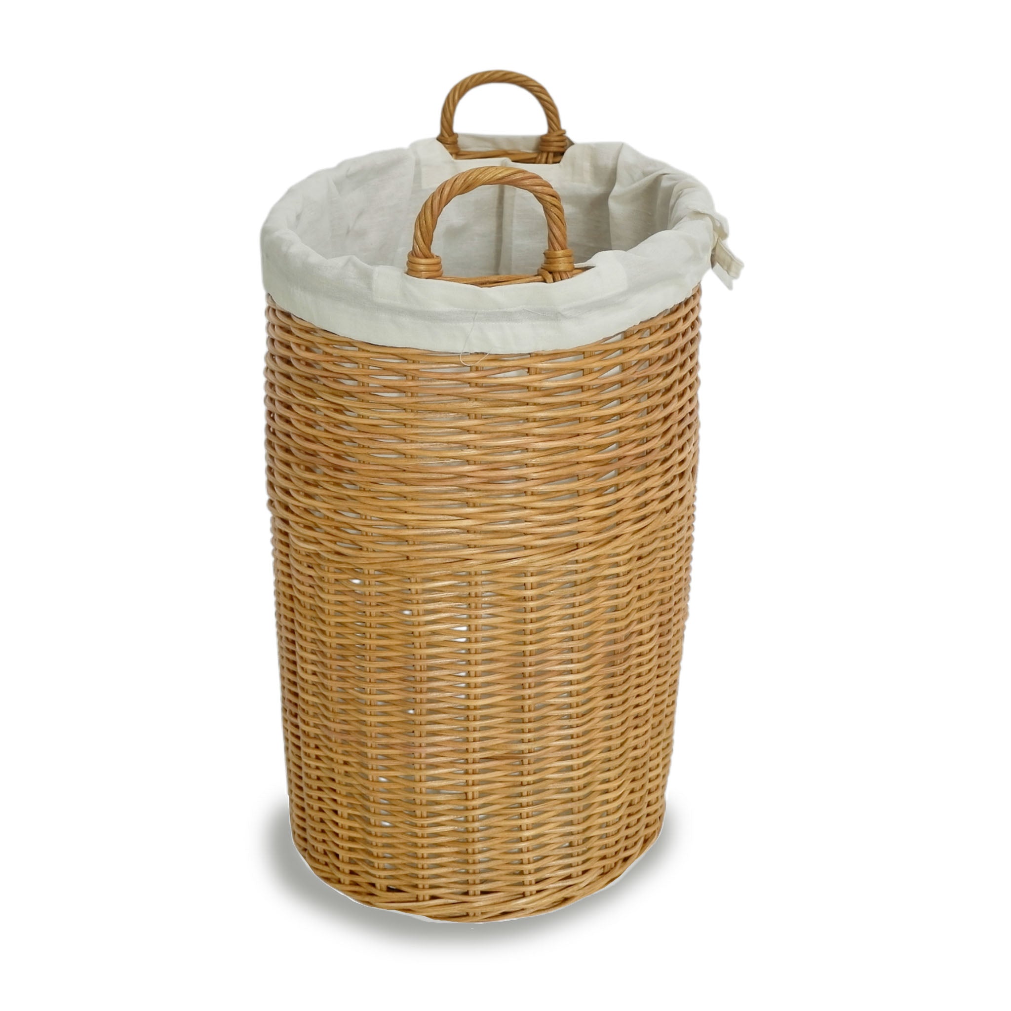 Tall Oval Tote Basket with fabric liner in Sandstone viewed from side