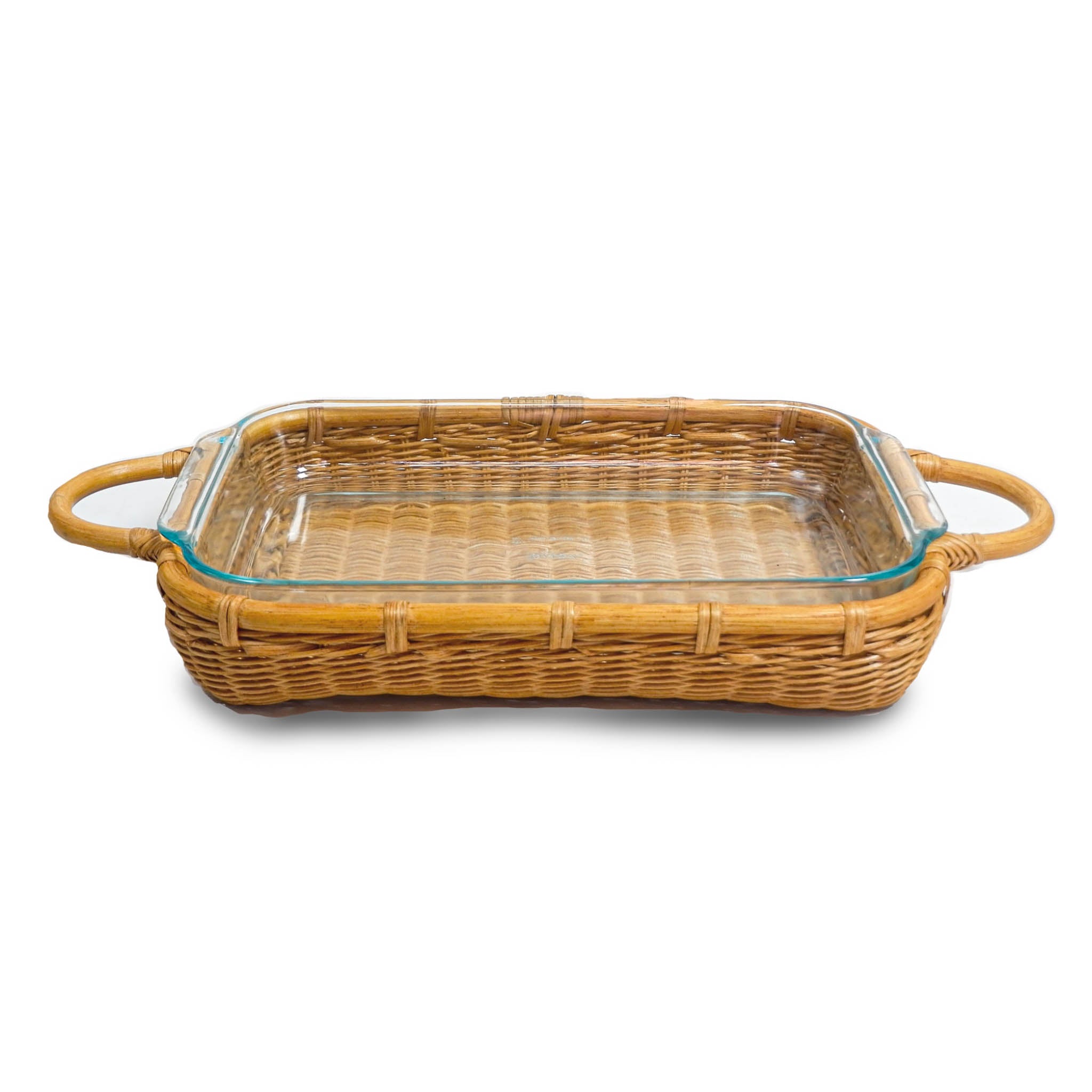 Wicker Casserole Basket in Sandstone, shown with Pyrex Glass Dish, front view