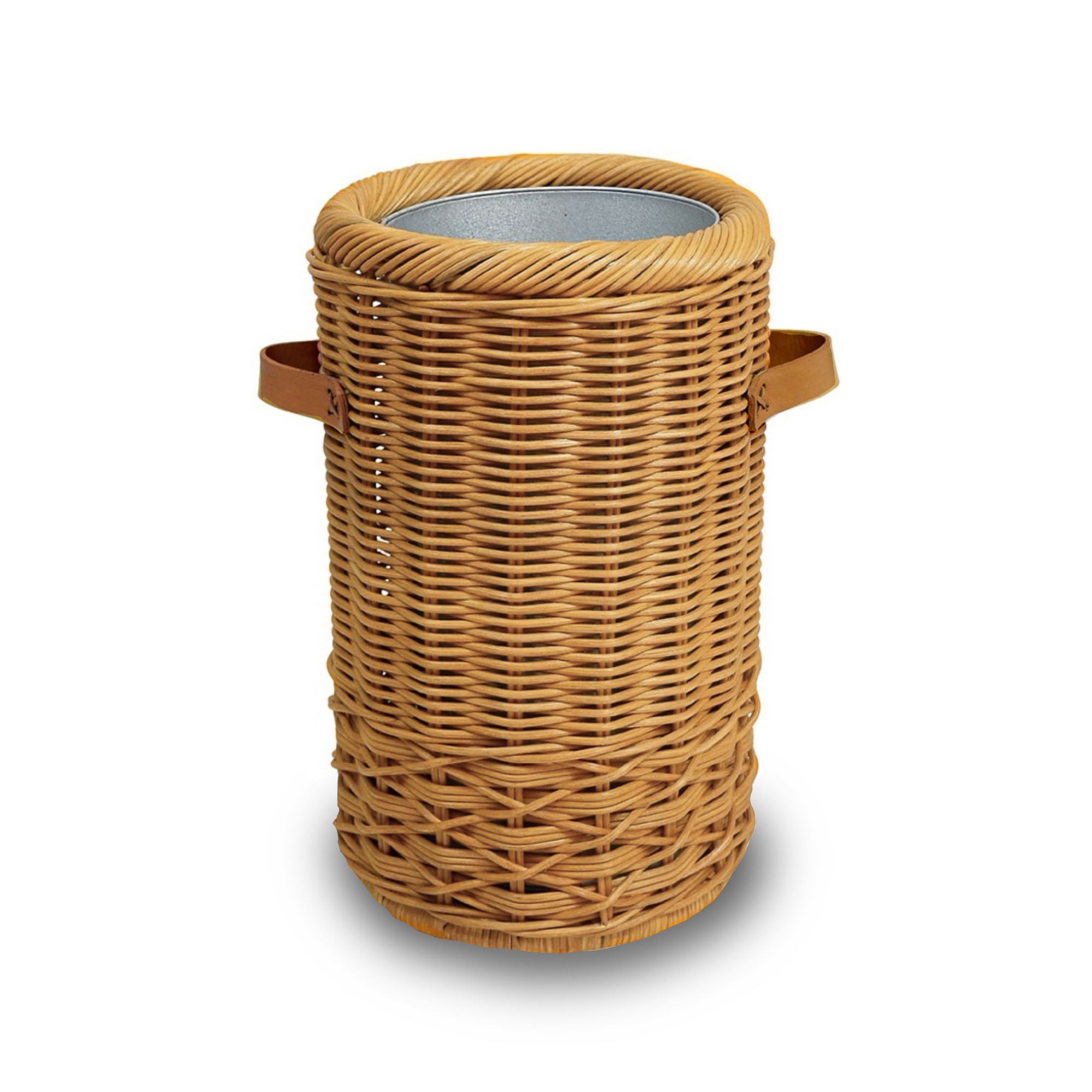 Wicker Umbrella Stand in Sandstone with decorative leather handles and removable metal liner, front view