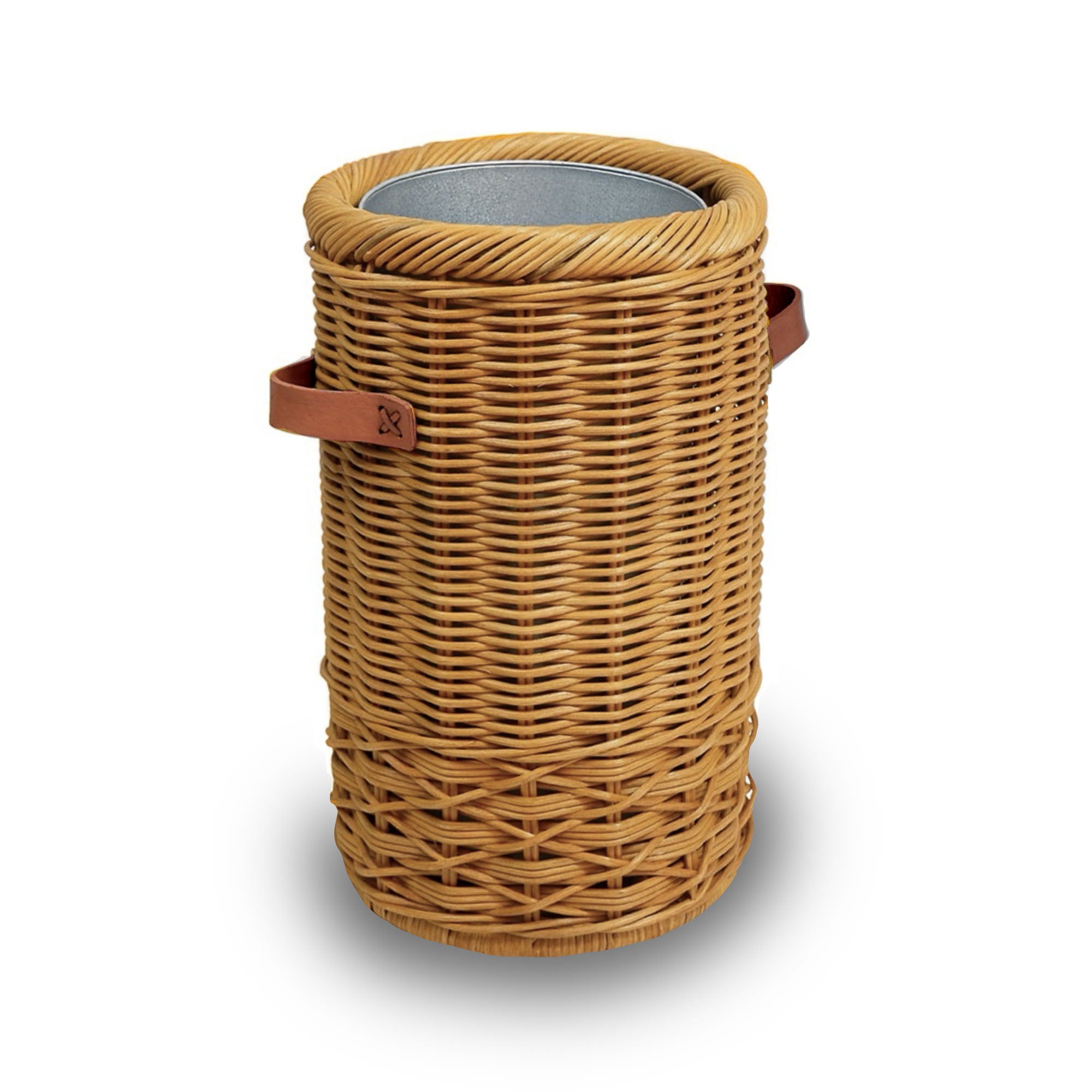 Wicker Umbrella Stand in Sandstone with decorative leather handles and removable metal liner