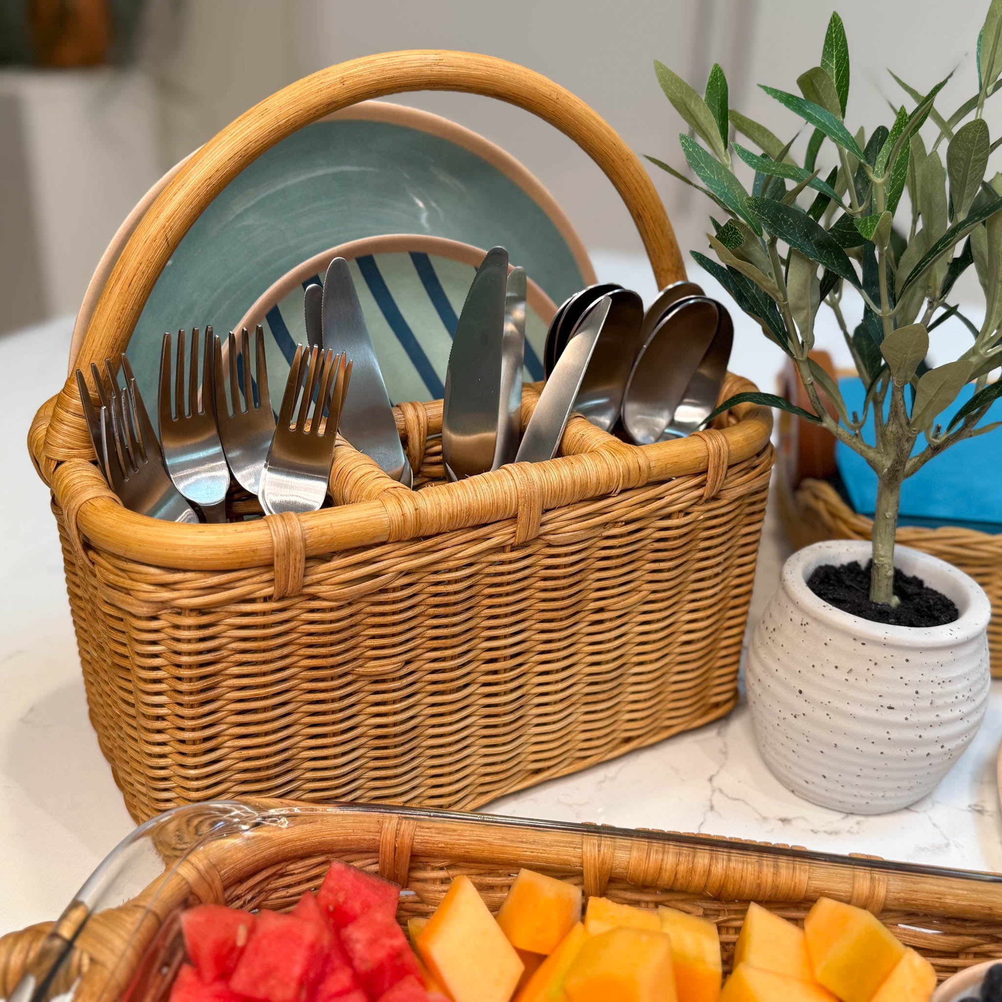 Wicker Utensil Caddy in Sandstone with 4 compartments for utensils and either plates or napkins