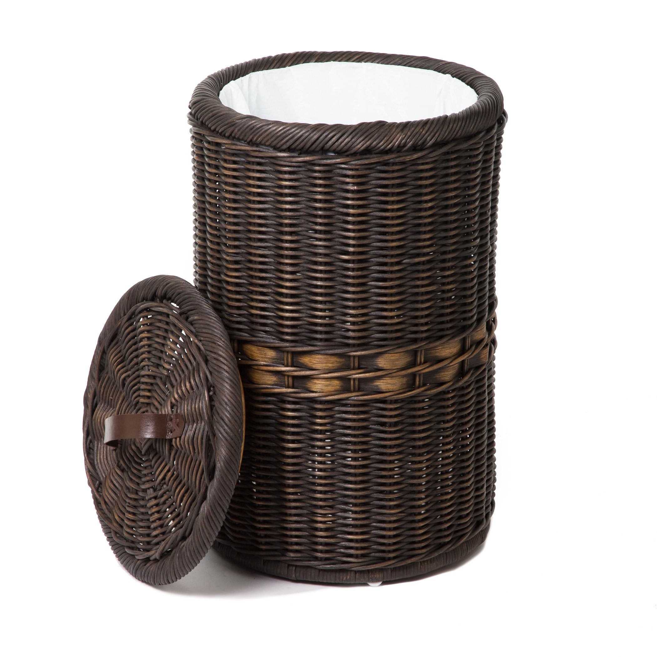 The Basket Lady Tall Wicker Trash Basket with Metal Liner in Antique Walnut Brown, lid removed | The Basket Lady