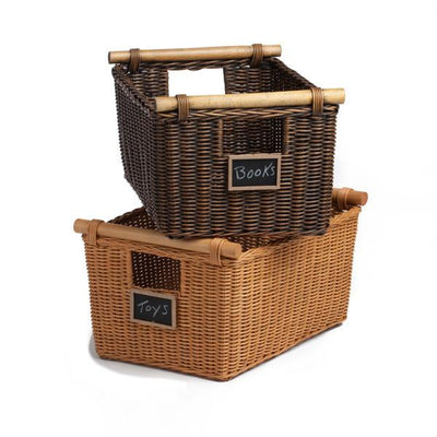 Pole Handle Wicker Storage Baskets in Antique Walnut Brown and Toasted Oat, mini chalkboard not included | The Basket Lady