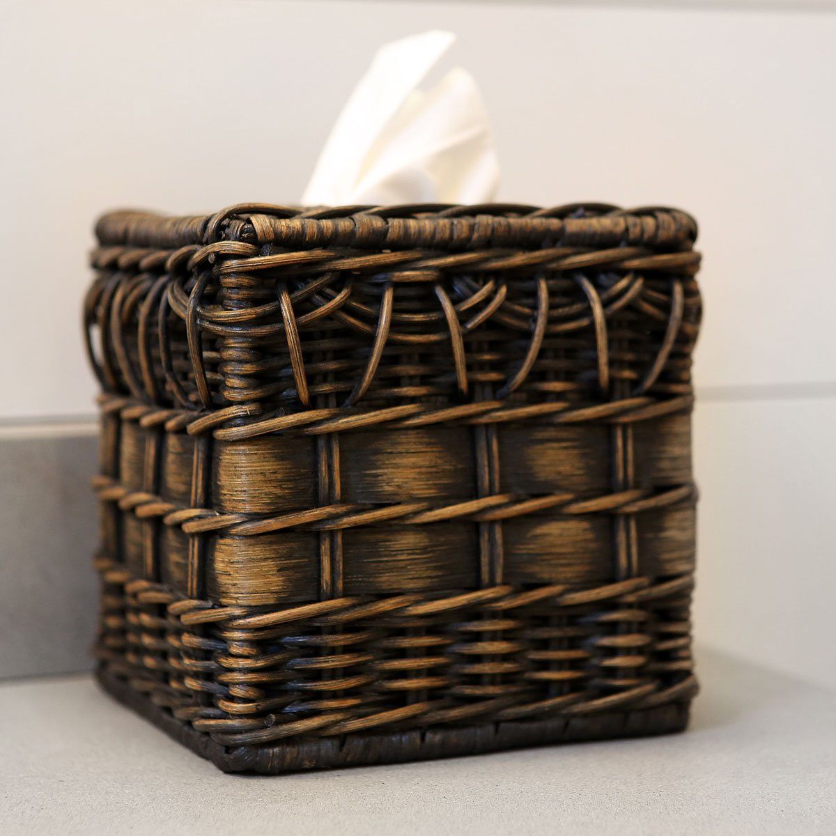 Boutique Wicker Tissue Box Cover in Antique Walnut Brown closeup | The Basket Lady
