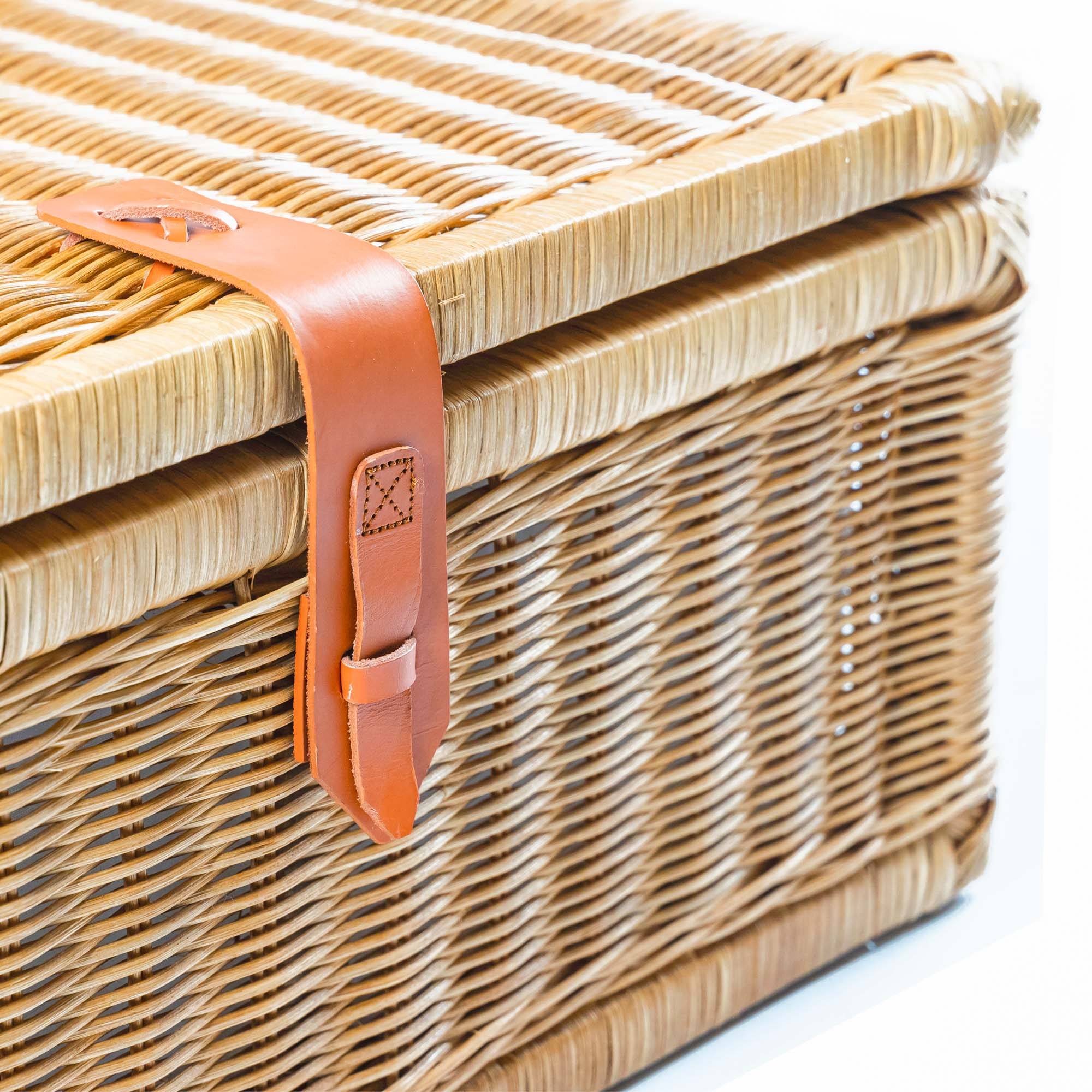 Covered Wicker Storage Basket in Sandstone, leather latch detail | The Basket Lady