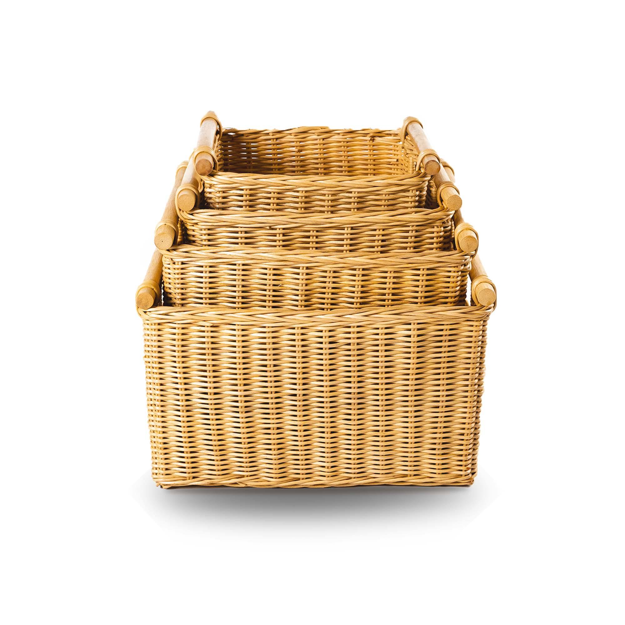Deep Pole Handle Wicker Storage Baskets stacked in Sandstone | The Basket Lady