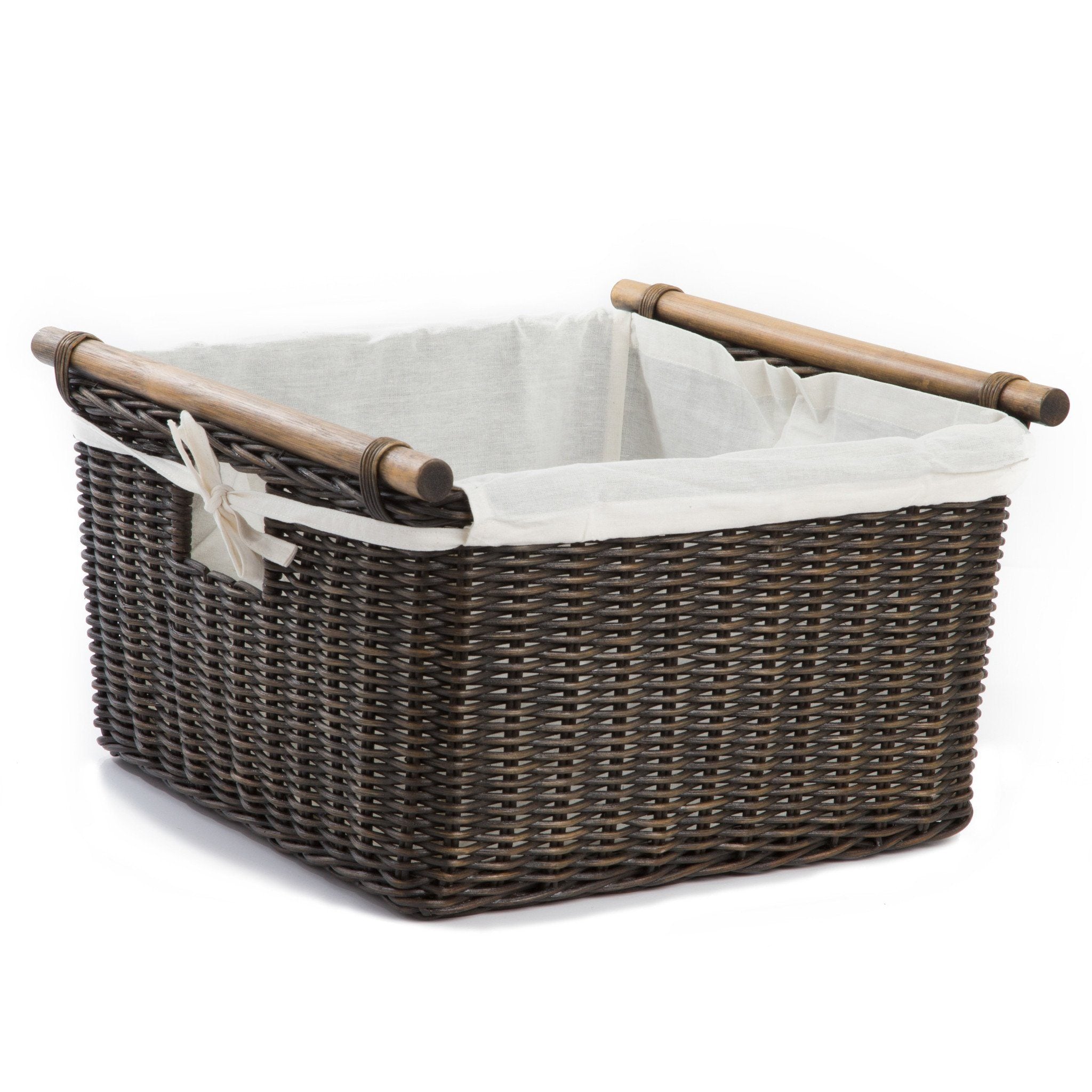 The Basket Lady Deep Pole Handle Wicker Storage Basket in Antique Walnut Brown, option fabric liner shown | The Basket Lady