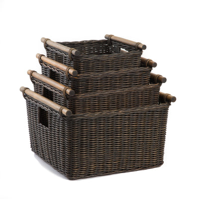 The Basket Lady Deep Pole Handle Wicker Storage Baskets in Antique Walnut Brown, 4 sizes shown | The Basket Lady