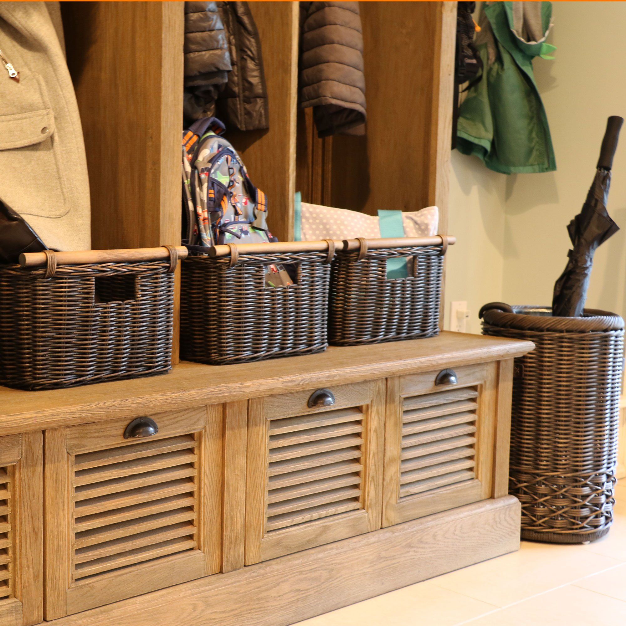 Deep Wicker Pole Handle Storage Basket, Antique Walnut Brown | Mudroom Cubby Baskets | The Basket Lady