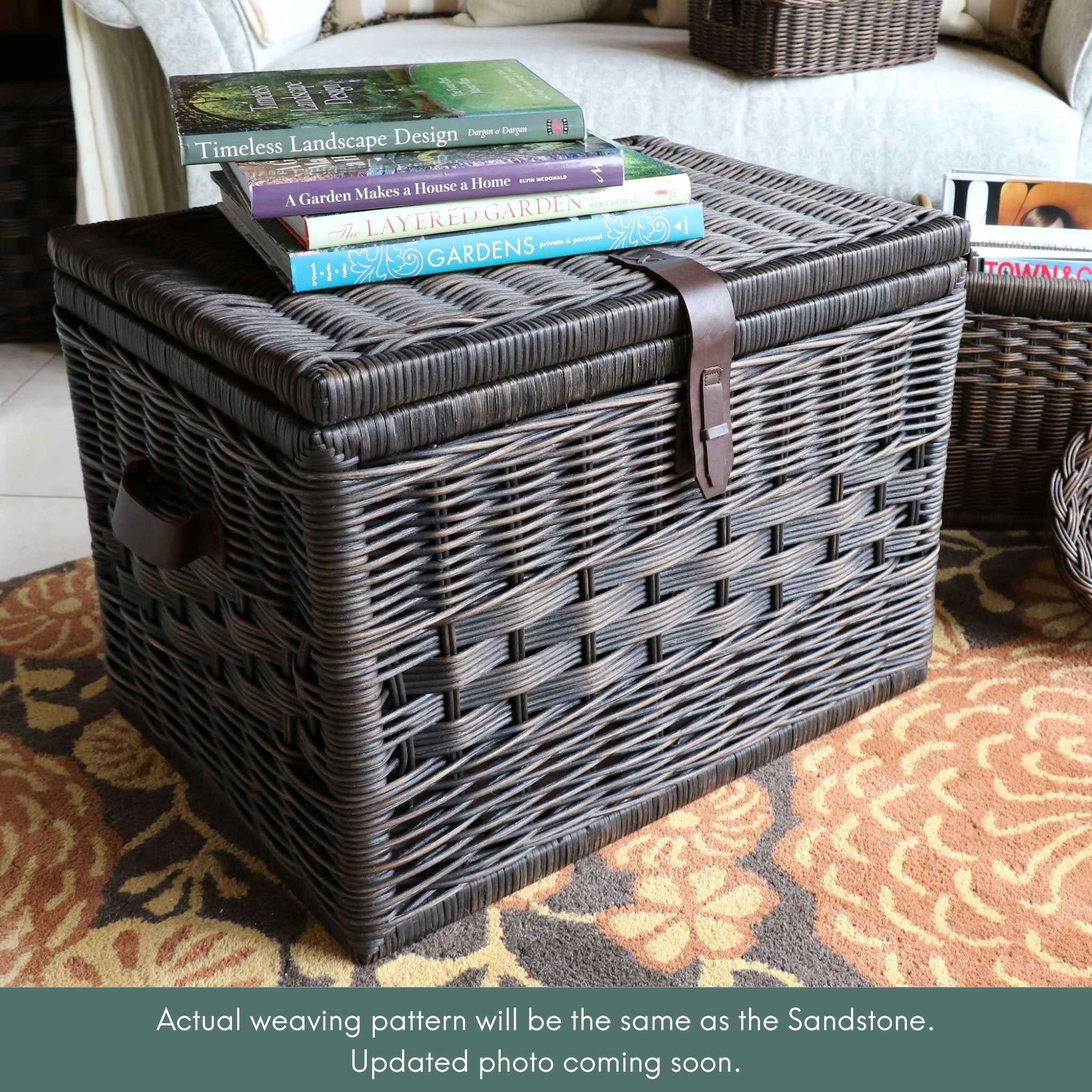 Deep Wicker Storage Trunk in Antique Walnut Brown as living room coffee table