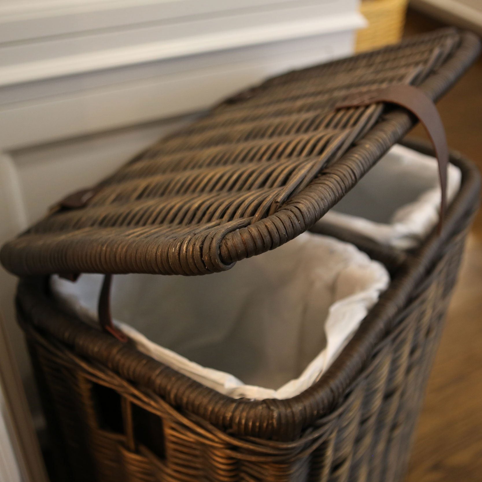 Divided Wicker Recycling Basket close-up with lid open