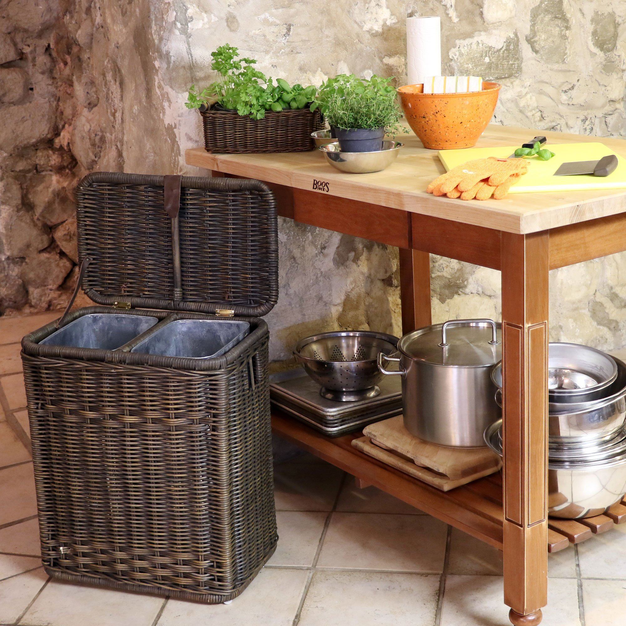 The Basket Lady Divided Recycling & Waste Basket Antique Walnut Brown in cellar | The Basket Lady