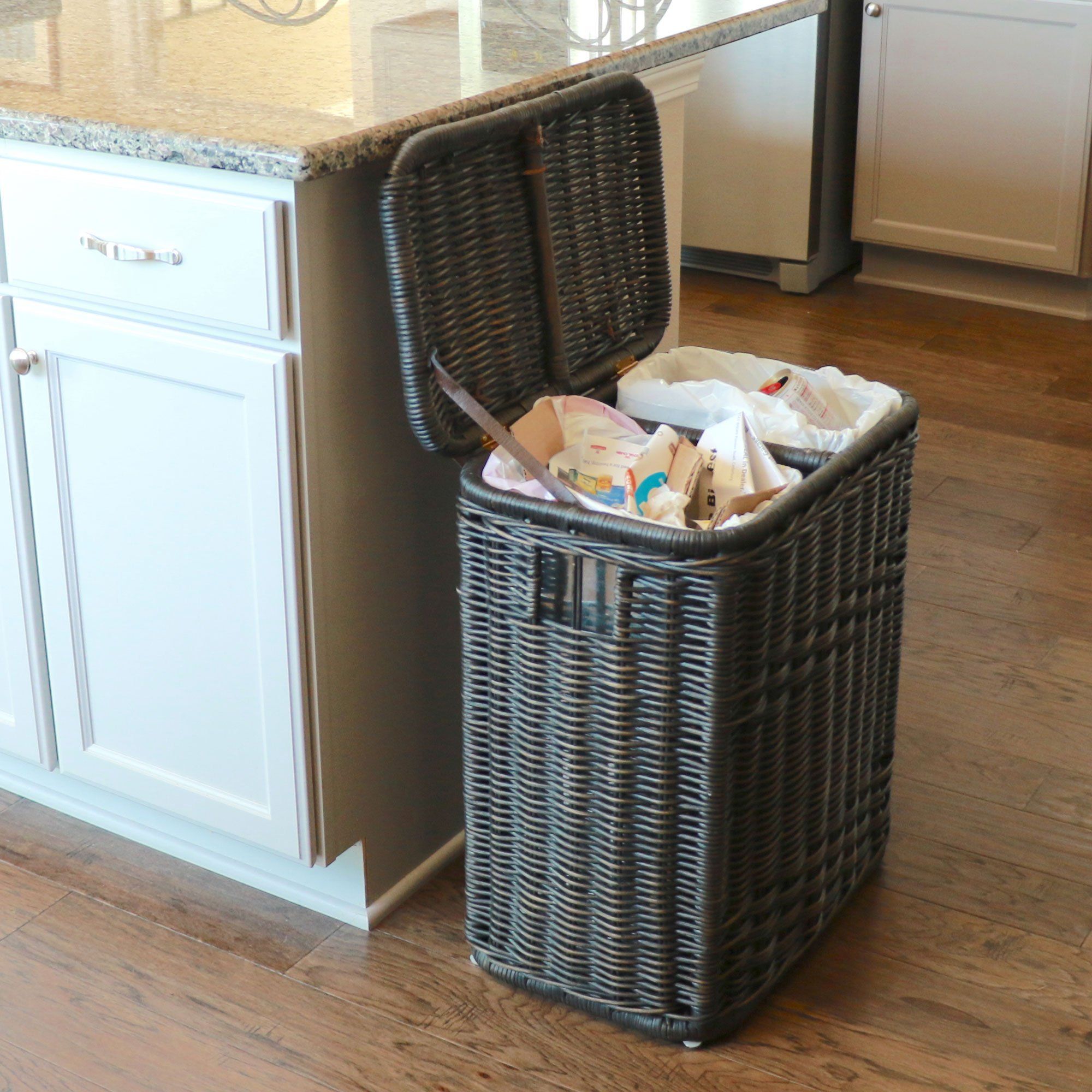 The Basket Lady Divided Recycling & Waste Basket Antique Walnut Brown in kitchen | The Basket Lady