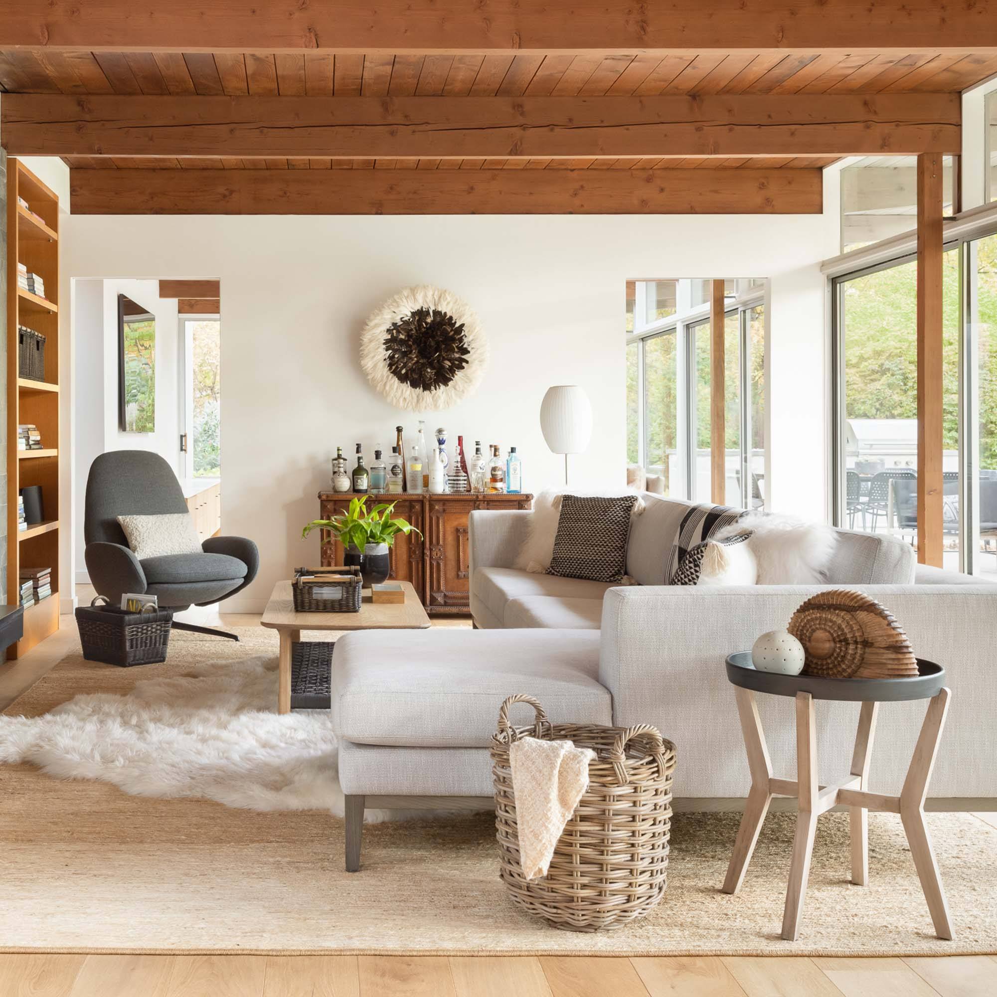 Low Pole Handle Wicker Storage Basket in Antique Walnut Brown in living room | The Basket Lady
