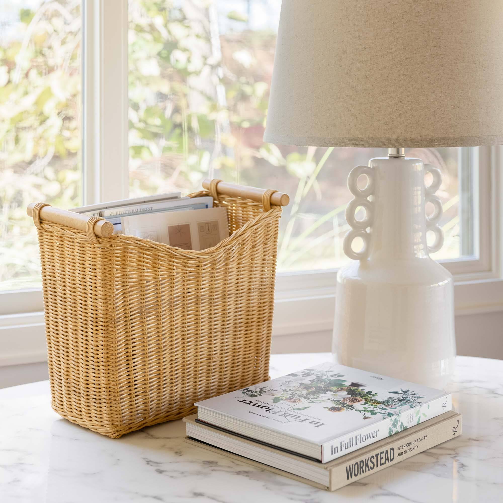 Narrow Wicker Magazine Basket in Sandstone on tabletop | The Basket Lady