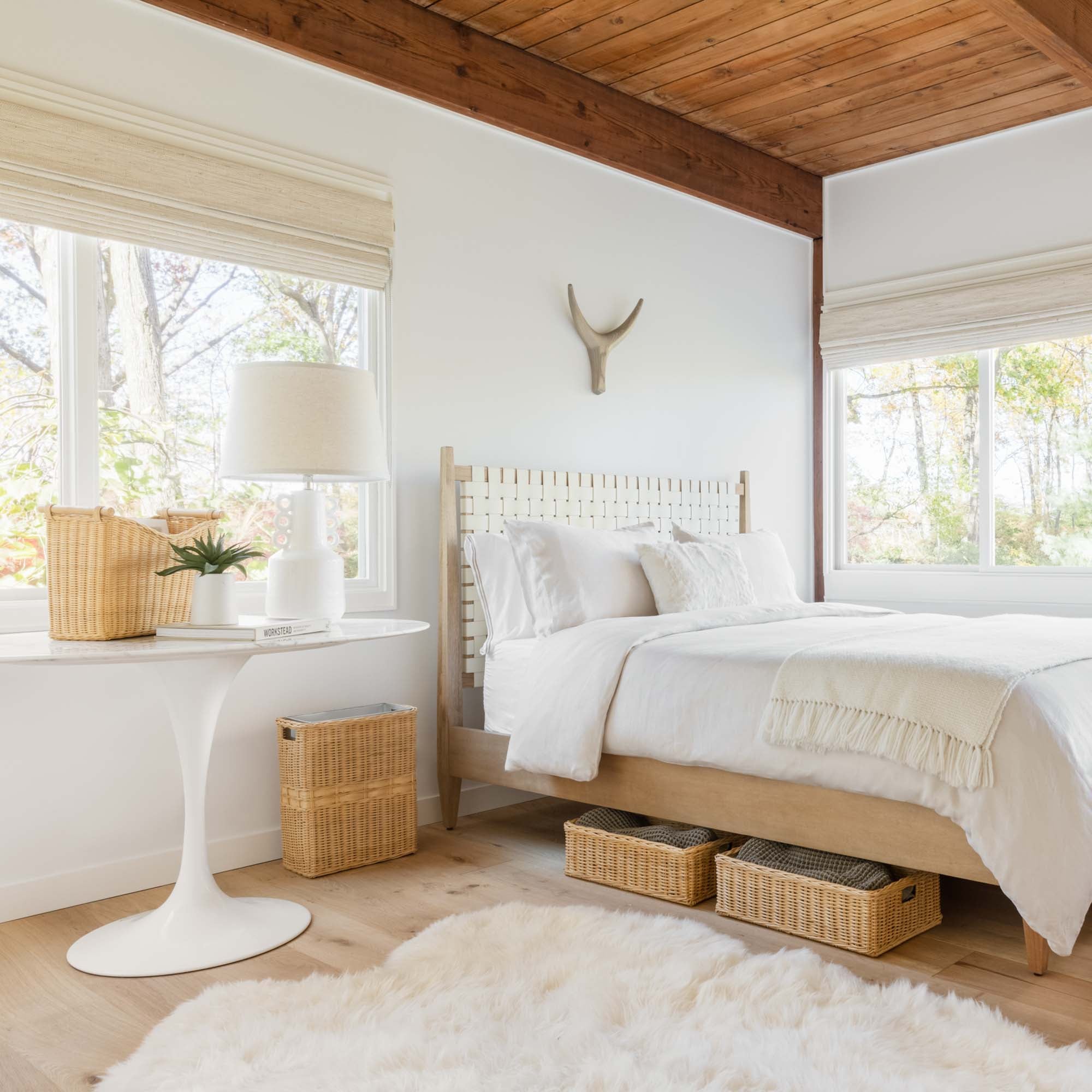 Narrow Wicker Magazine Basket in Sandstone in bedroom | The Basket Lady