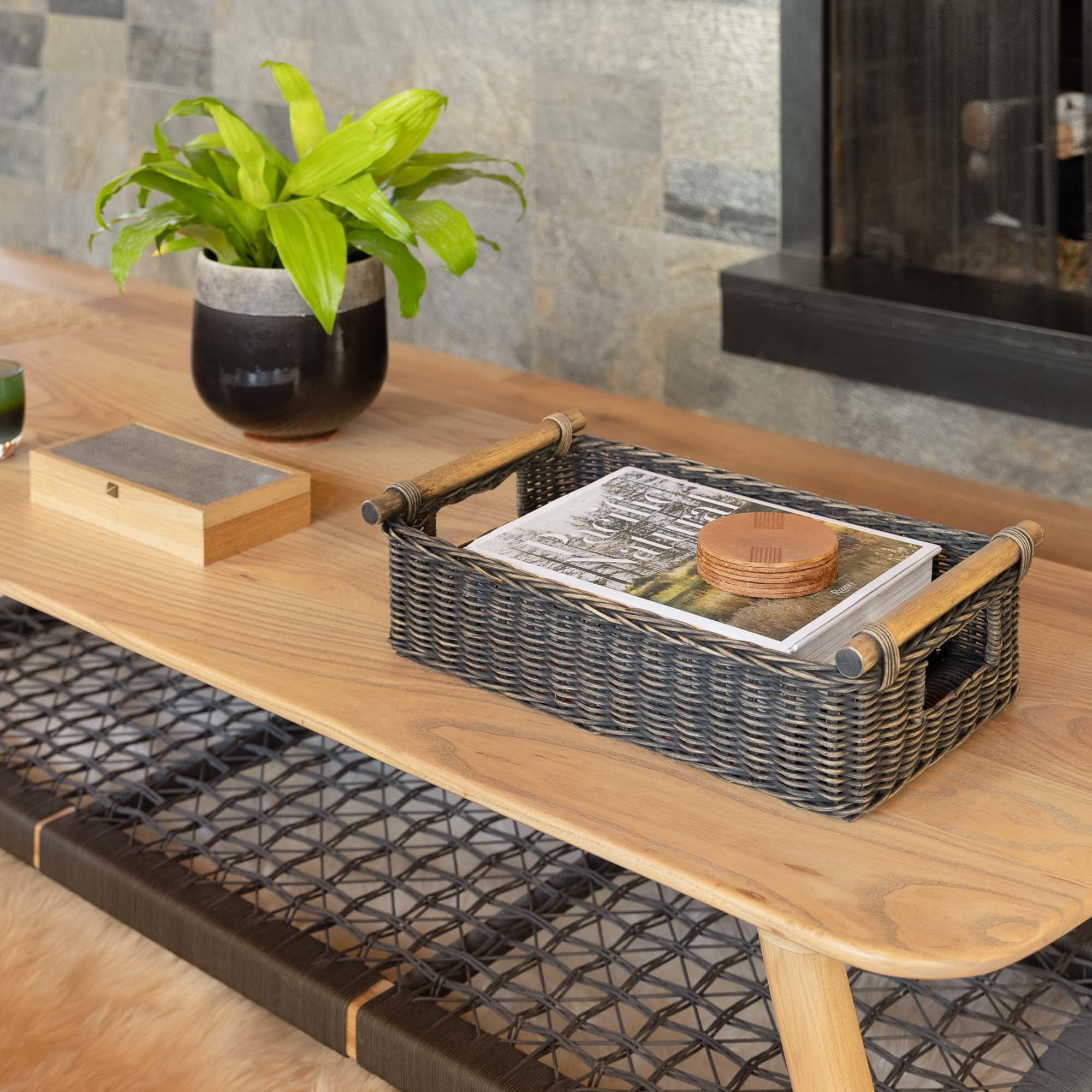 Low Pole Handle Wicker Storage Basket in Antique Walnut Brown on coffee table | The Basket Lady