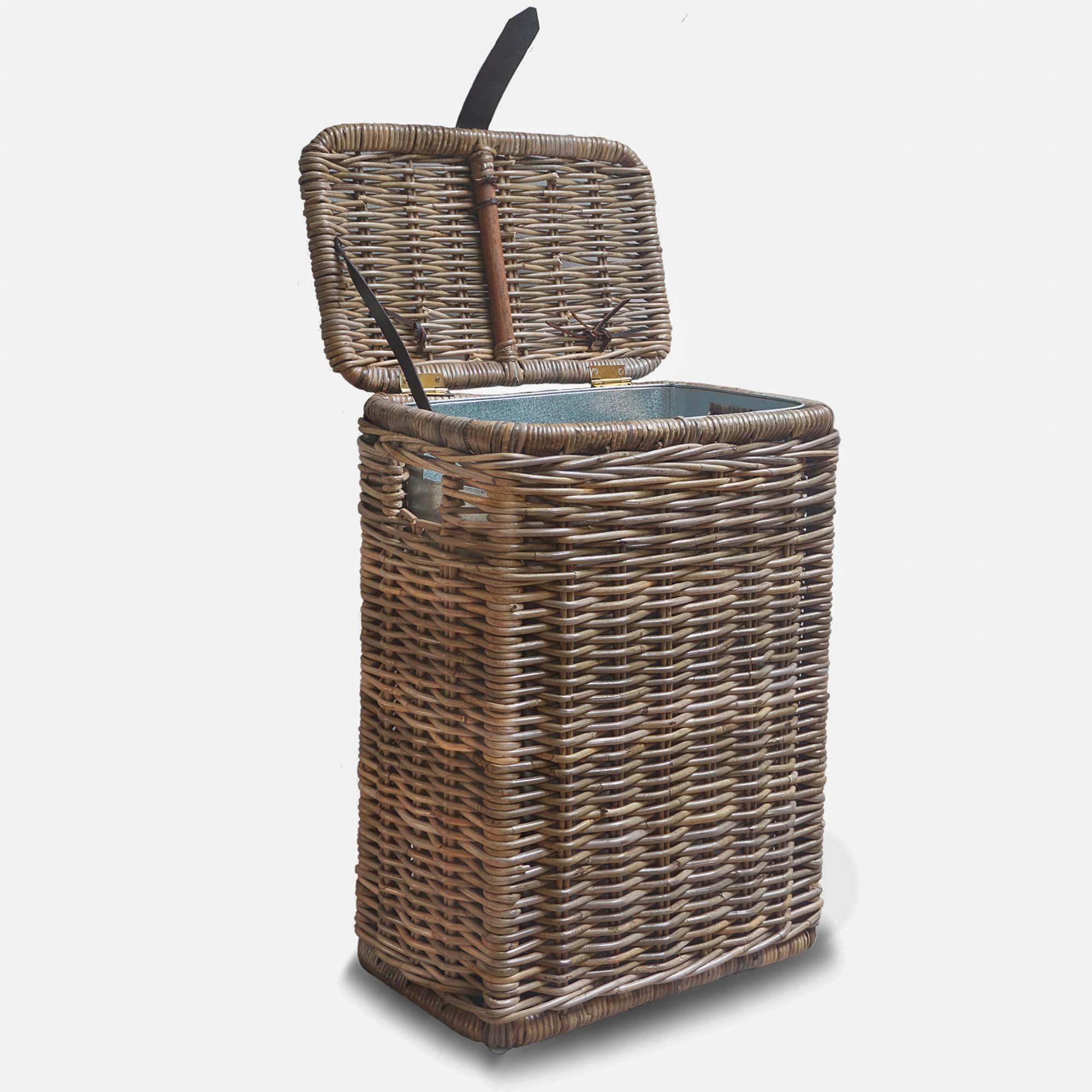 Kubu Wicker Rectangular Kitchen Trash Basket with Metal Liner in Serene Grey with lid open | The Basket Lady