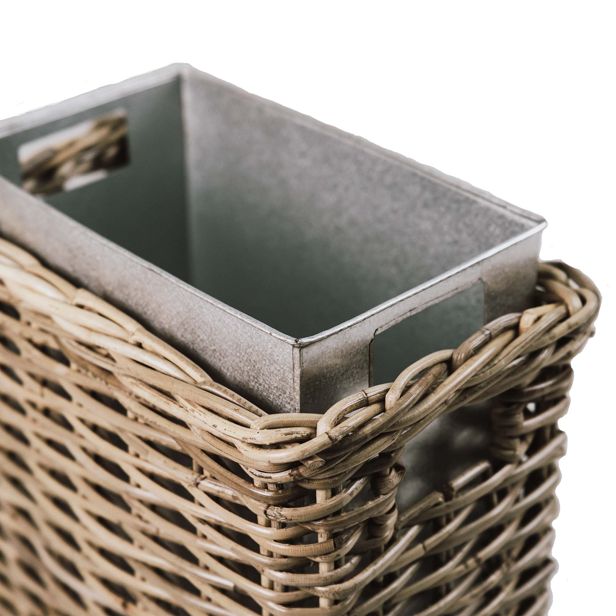 Rectangular Kubu Wicker Waste Basket with Metal Liner, metal liner detail | The Basket Lady
