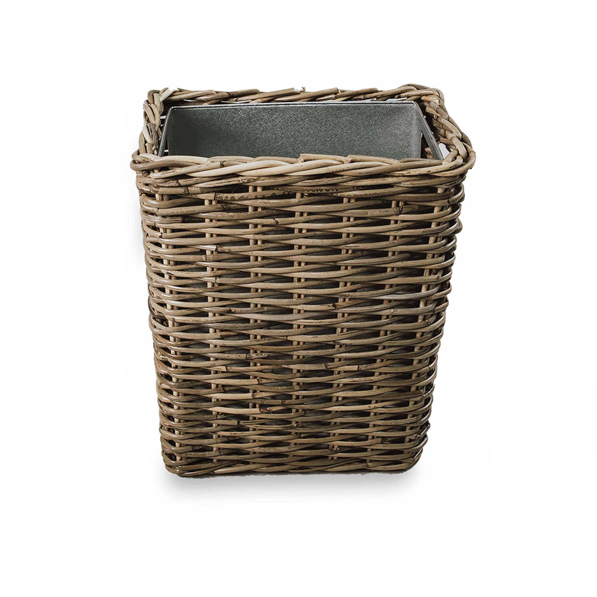 Rectangular Kubu Wicker Waste Basket with Metal Liner, front view | The Basket Lady