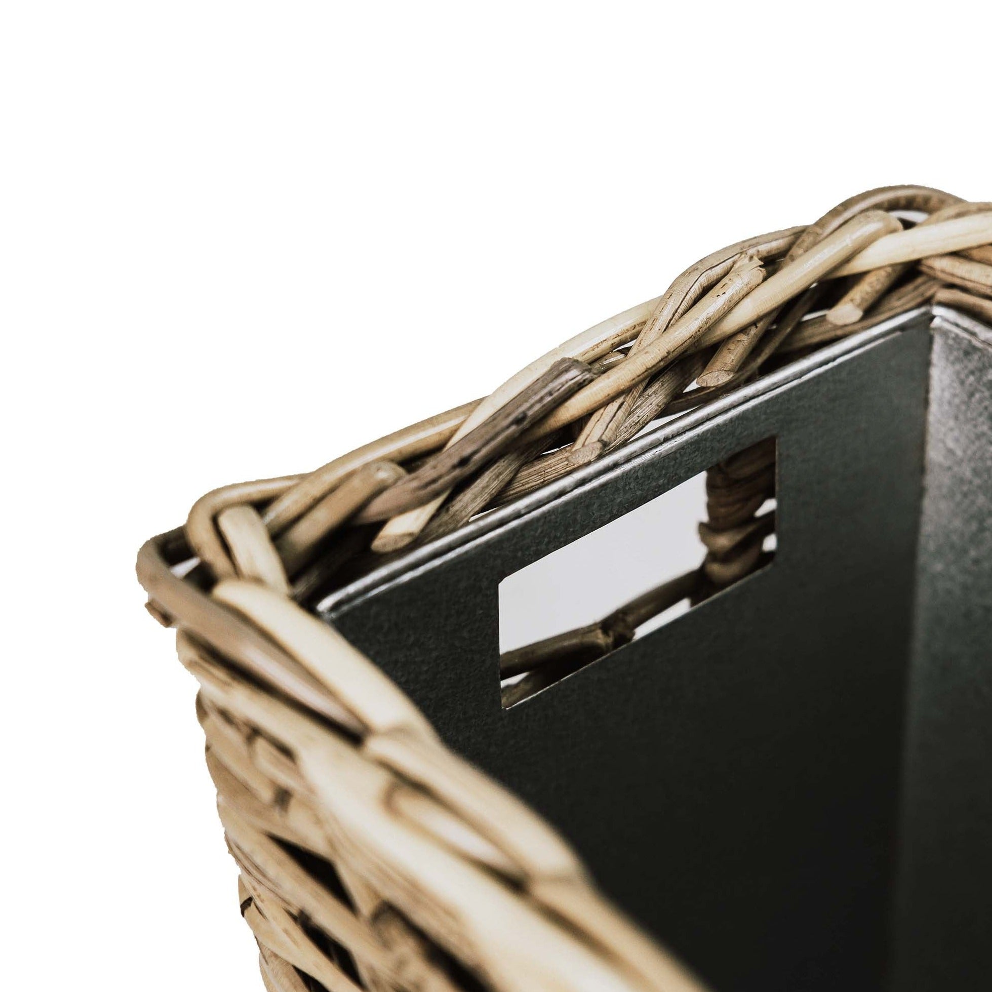 Rectangular Kubu Wicker Waste Basket with Metal Liner, handle detail | The Basket Lady