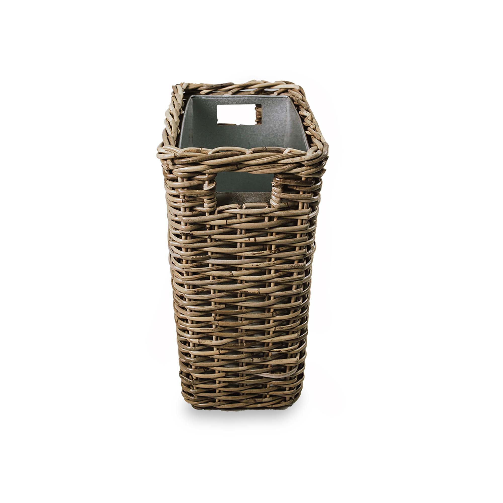 Rectangular Kubu Wicker Waste Basket with Metal Liner, side view | The Basket Lady