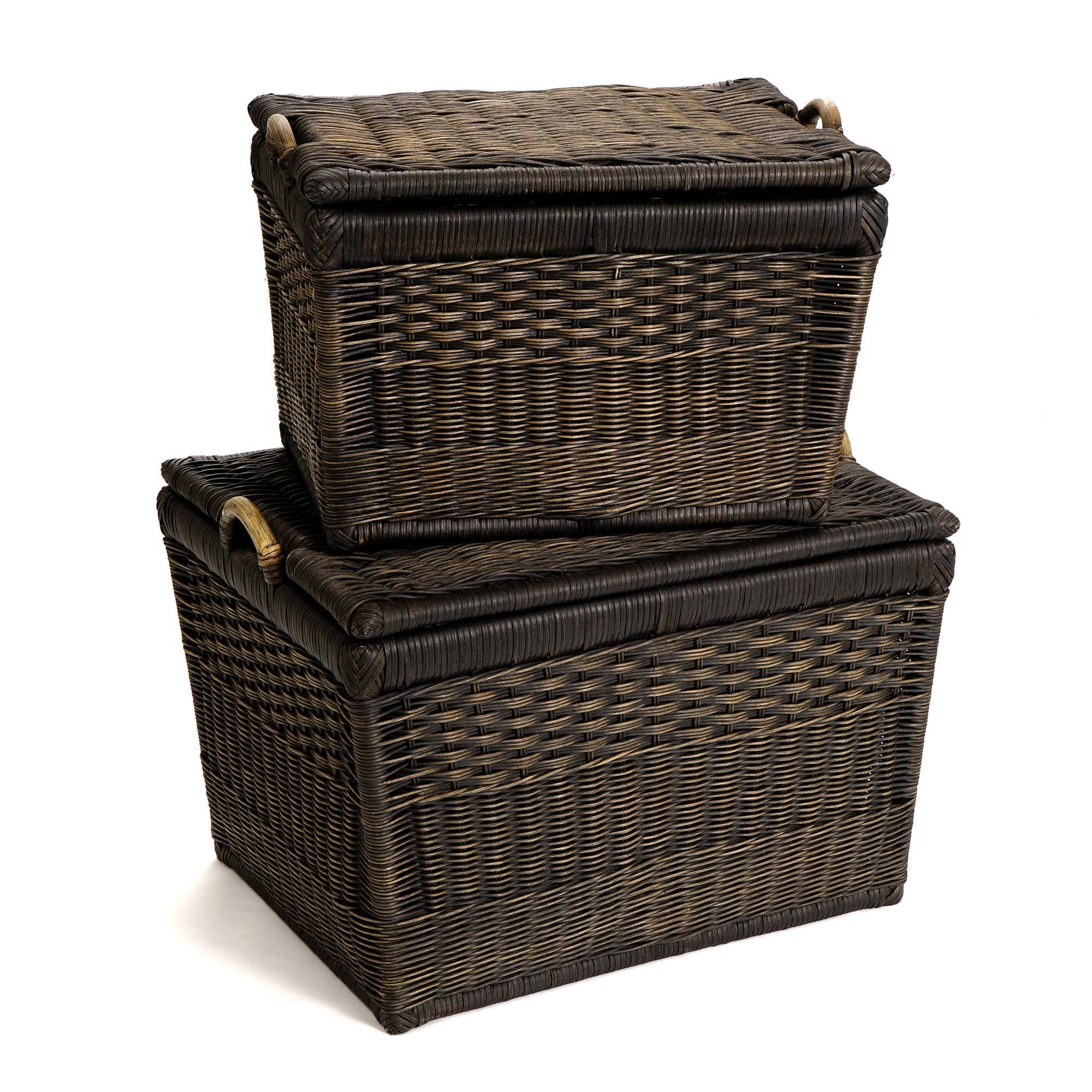 The Basket Lady Lift-Off Lid Wicker Storage Basket Nested Set of 2 Antique Walnut Brown